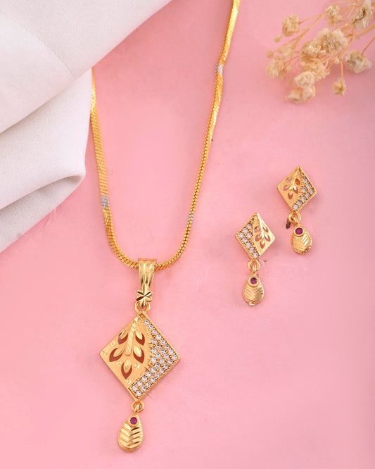 VOJ Gold-Polished Geomatrical AD Stone Studded Chain Set VOJ (Valley Of Jewellery)