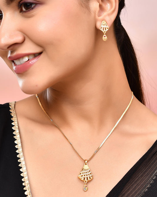 VOJ Gold-Polished Designer Shaped AD Stone Studded Chain Set VOJ (Valley Of Jewellery)