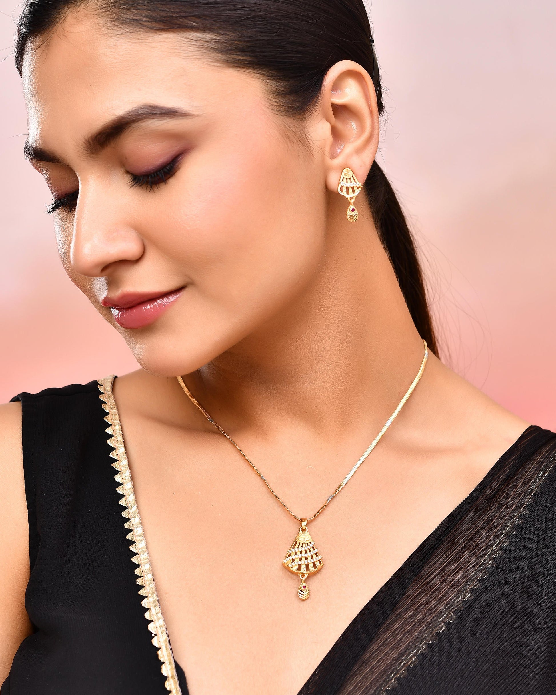 VOJ Gold-Polished Designer Shaped AD Stone Studded Chain Set VOJ (Valley Of Jewellery)