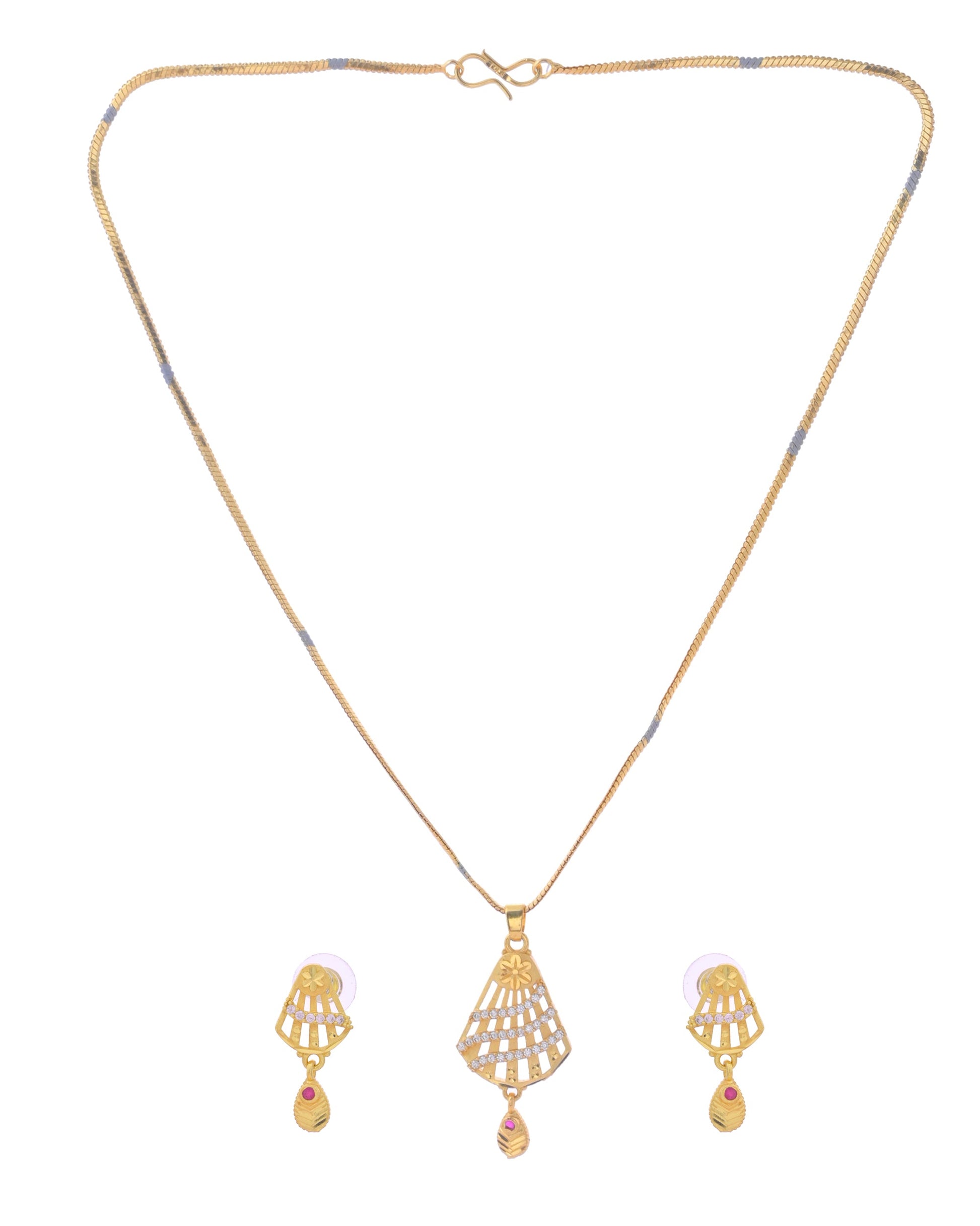 VOJ Gold-Polished Designer Shaped AD Stone Studded Chain Set VOJ (Valley Of Jewellery)