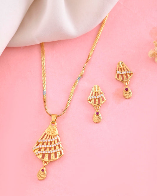 VOJ Gold-Polished Designer Shaped AD Stone Studded Chain Set VOJ (Valley Of Jewellery)