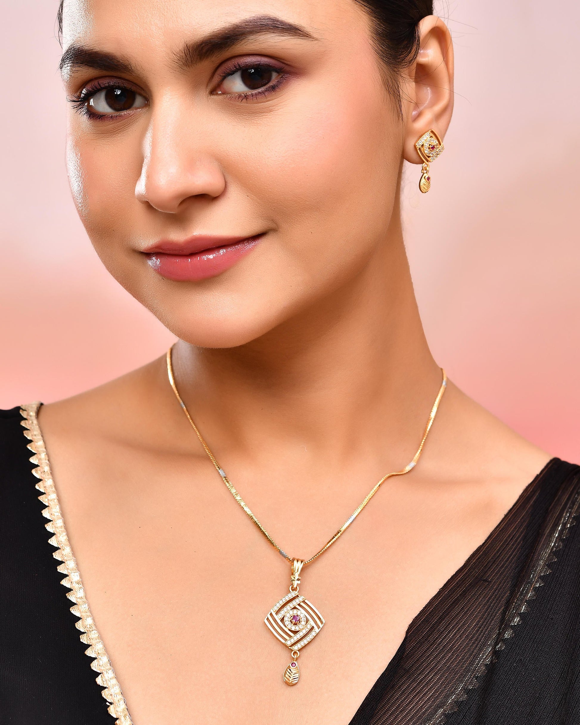 VOJ Gold-Polished Square Shaped AD Stone Studded Chain Set VOJ (Valley Of Jewellery)