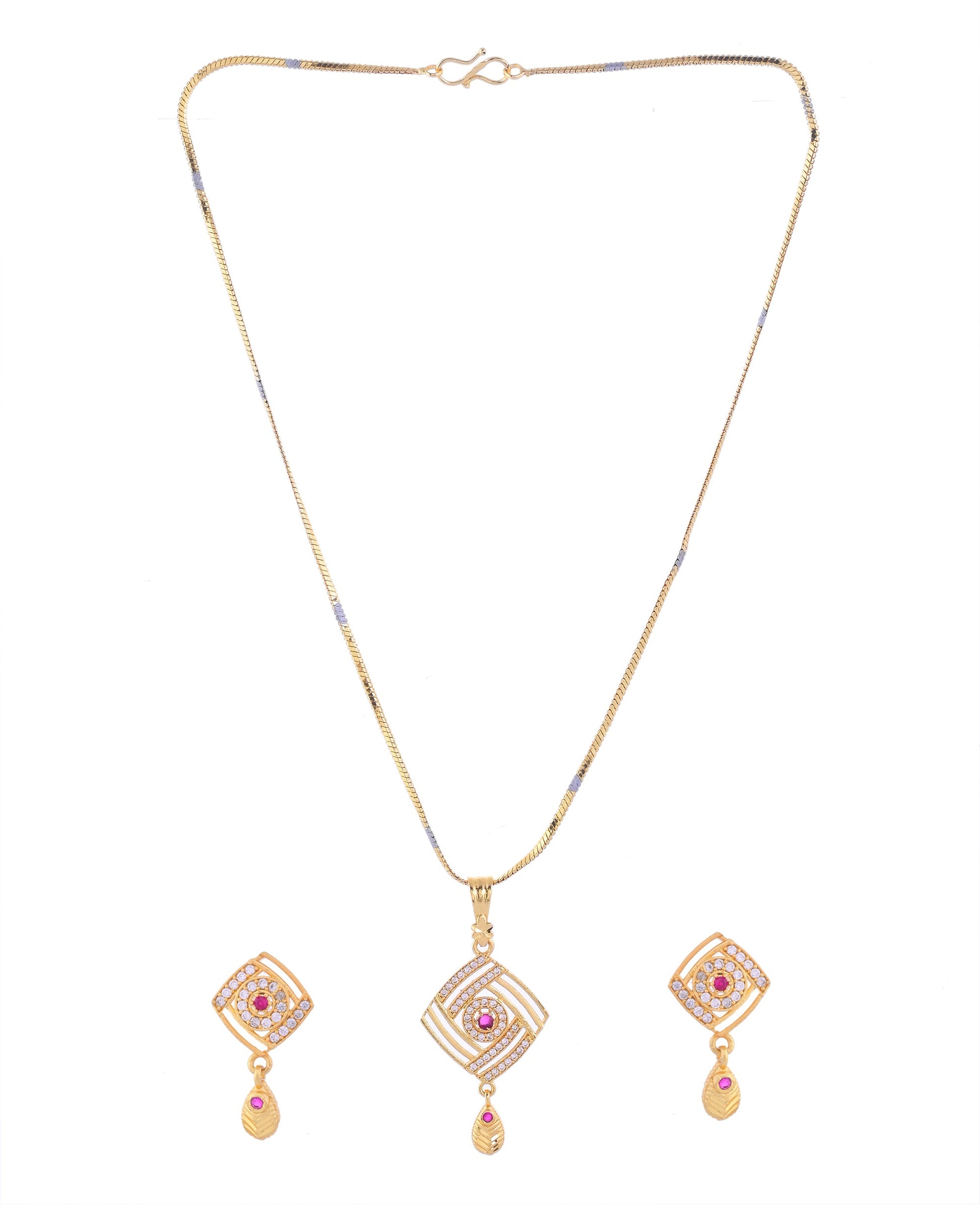 VOJ Gold-Polished Square Shaped AD Stone Studded Chain Set VOJ (Valley Of Jewellery)