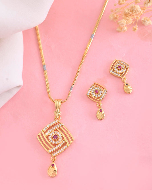 VOJ Gold-Polished Square Shaped AD Stone Studded Chain Set VOJ (Valley Of Jewellery)