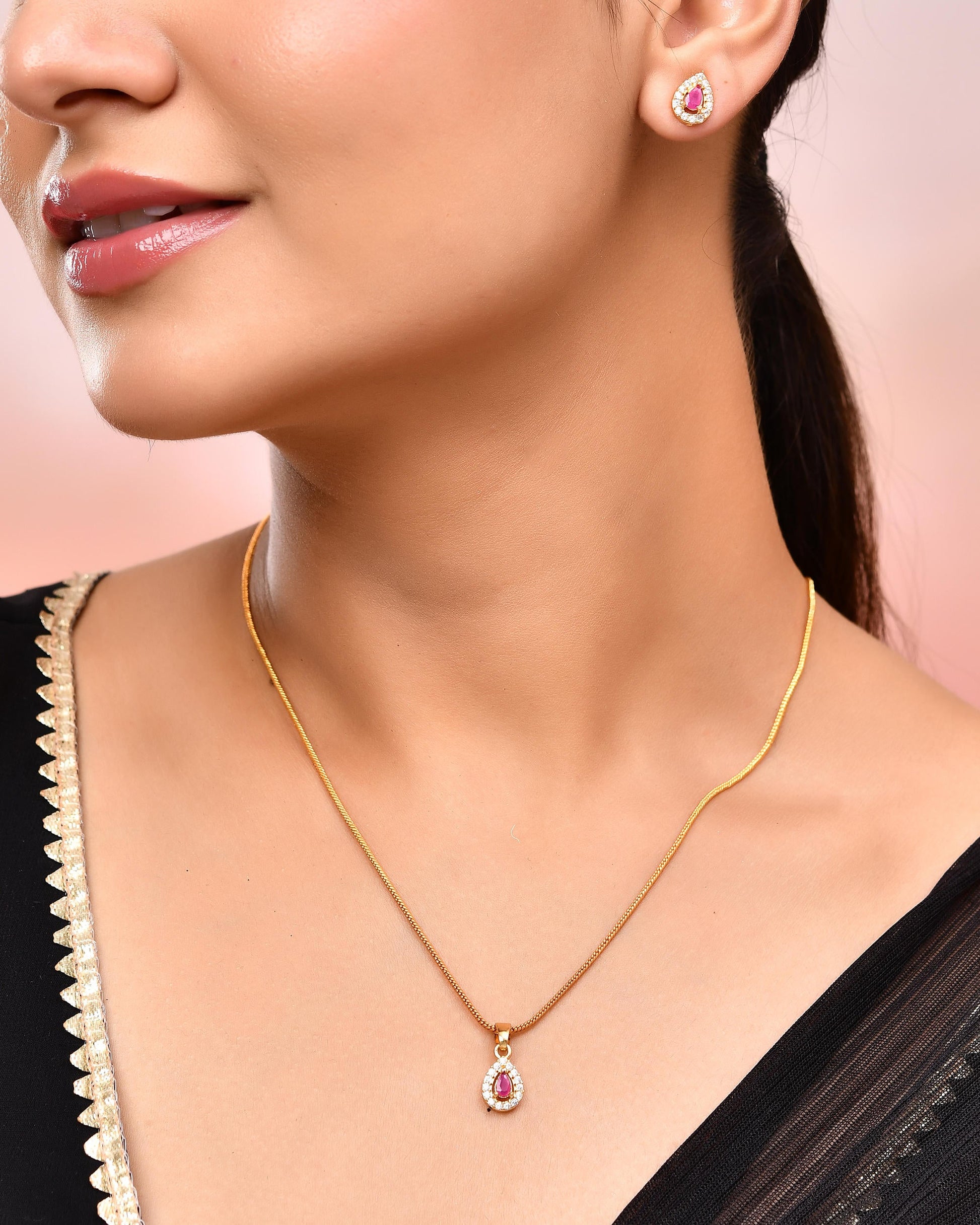 VOJ Gold-Polished Tear Drop Shaped Ruby Red Stone Studded Chain Set VOJ (Valley Of Jewellery)