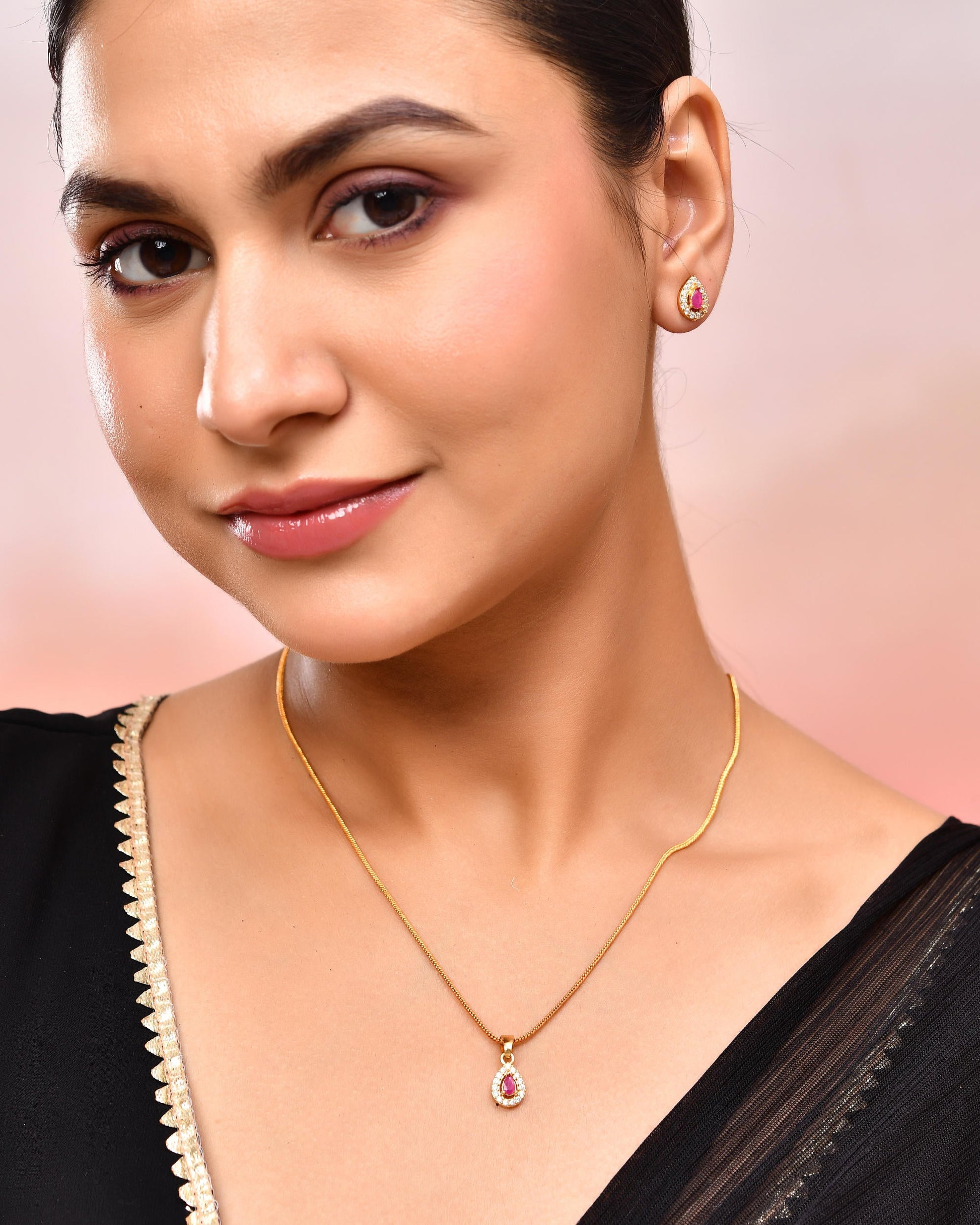 VOJ Gold-Polished Tear Drop Shaped Ruby Red Stone Studded Chain Set VOJ (Valley Of Jewellery)