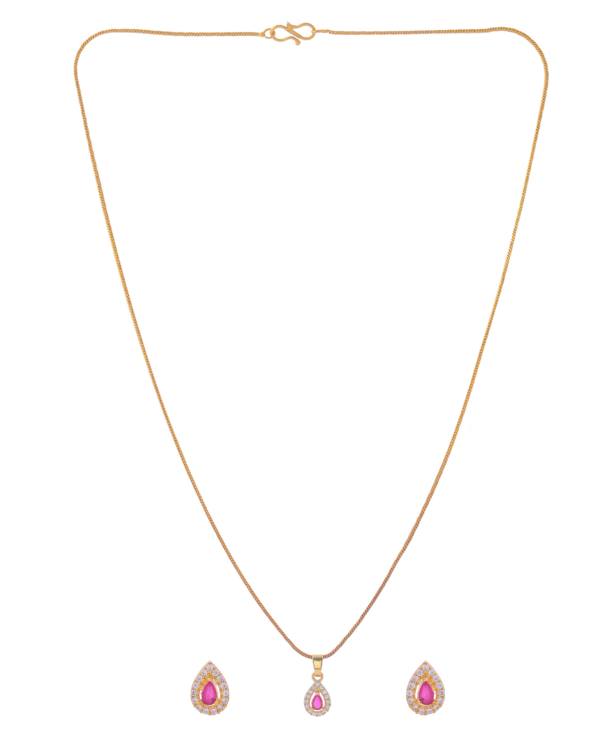 VOJ Gold-Polished Tear Drop Shaped Ruby Red Stone Studded Chain Set VOJ (Valley Of Jewellery)