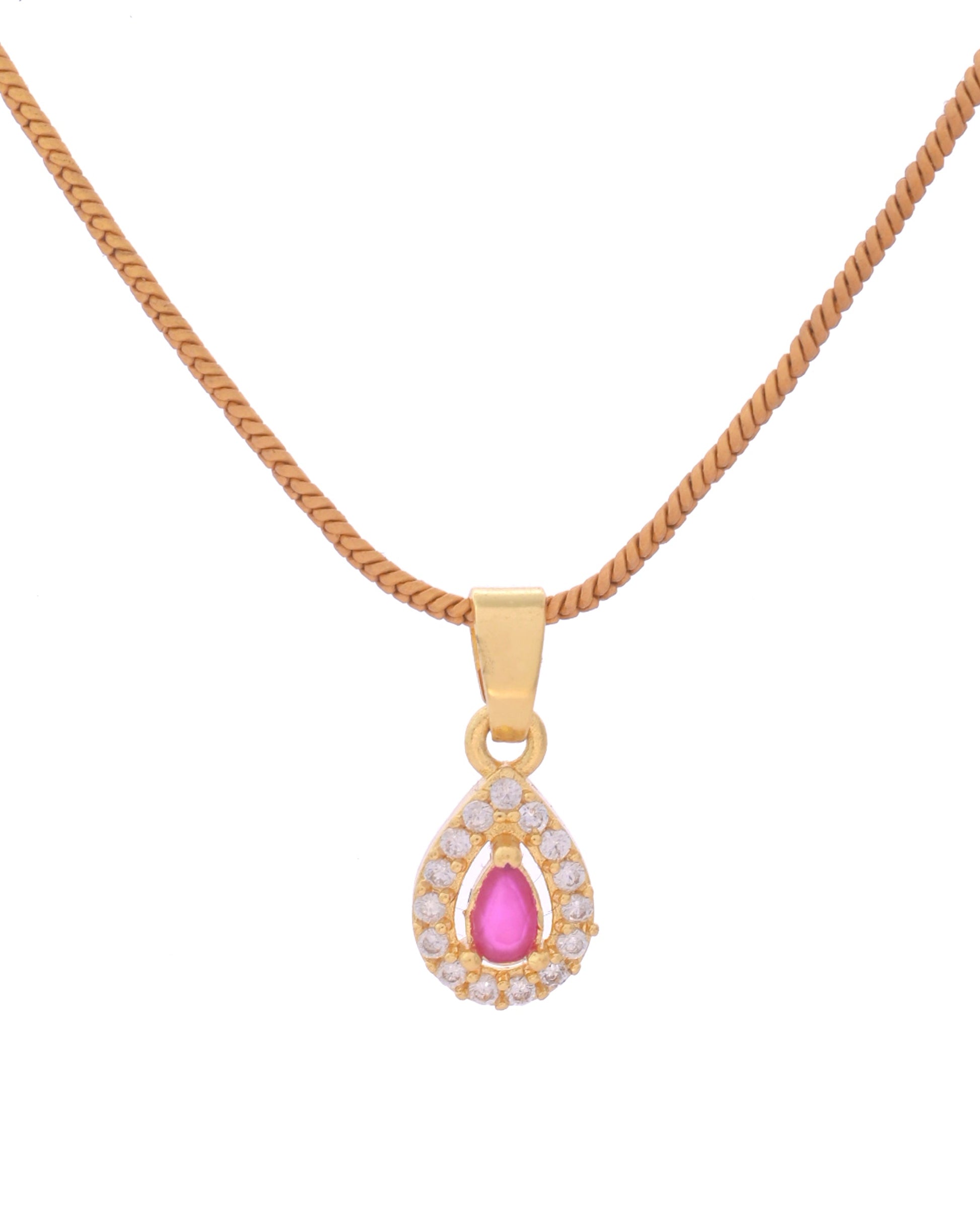 VOJ Gold-Polished Tear Drop Shaped Ruby Red Stone Studded Chain Set VOJ (Valley Of Jewellery)