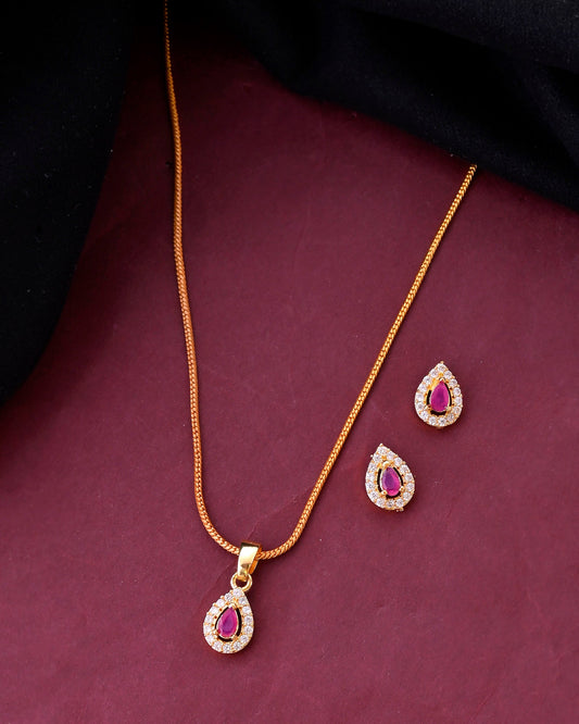 VOJ Gold-Polished Tear Drop Shaped Ruby Red Stone Studded Chain Set VOJ (Valley Of Jewellery)