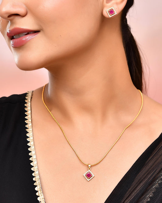 VOJ Gold-Polished Square Shaped Ruby Red Stone Studded Chain Set VOJ (Valley Of Jewellery)