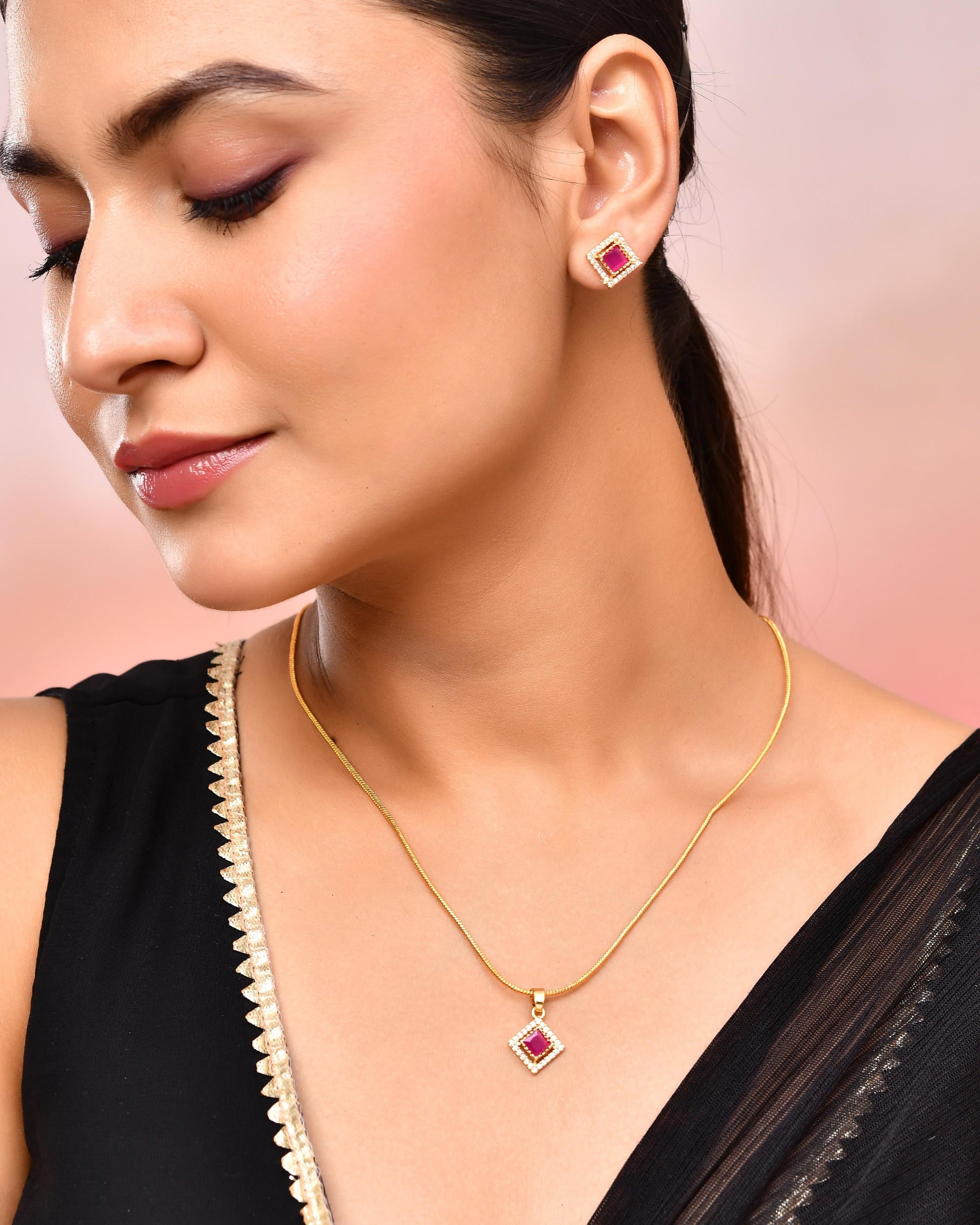 VOJ Gold-Polished Square Shaped Ruby Red Stone Studded Chain Set VOJ (Valley Of Jewellery)