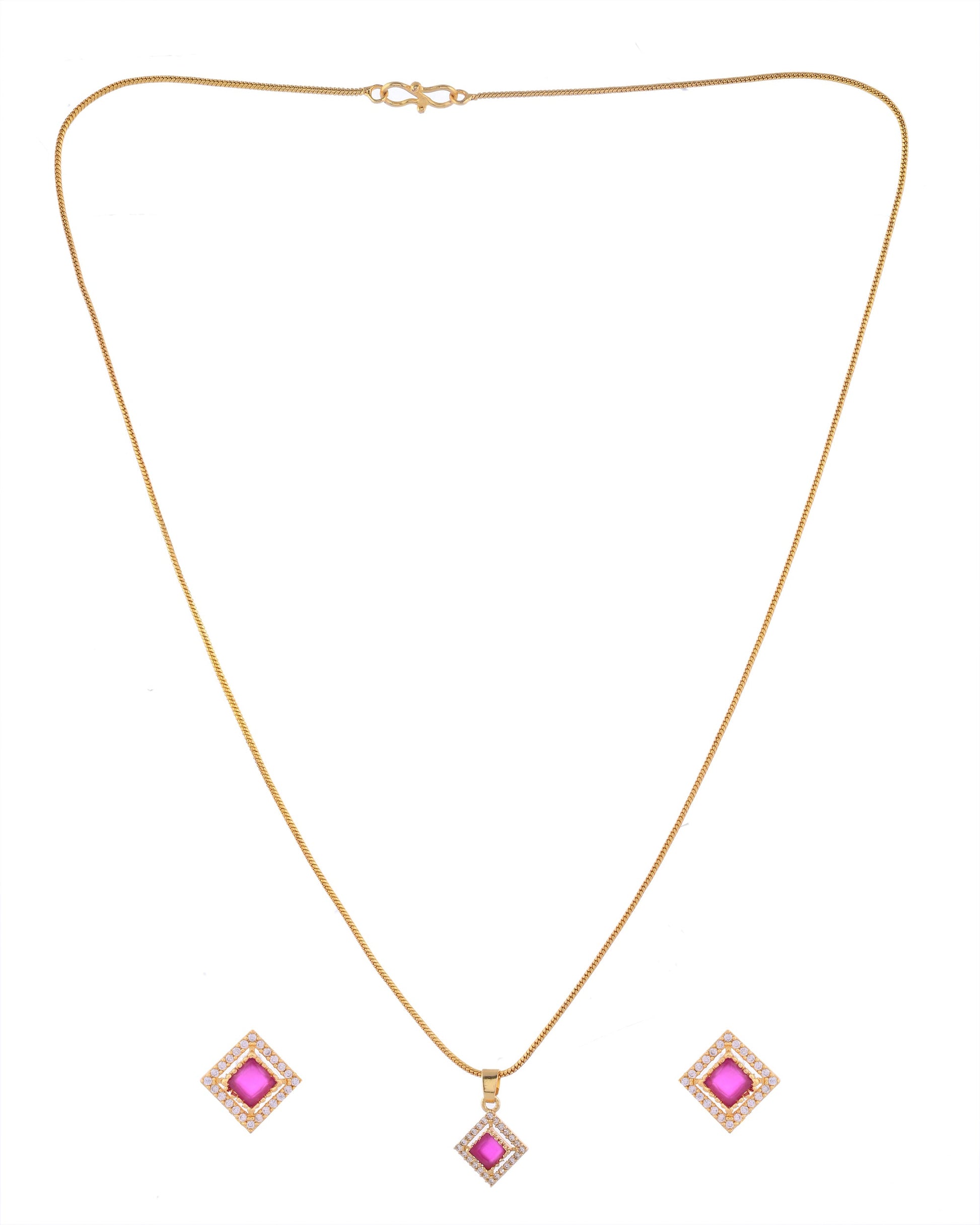VOJ Gold-Polished Square Shaped Ruby Red Stone Studded Chain Set VOJ (Valley Of Jewellery)