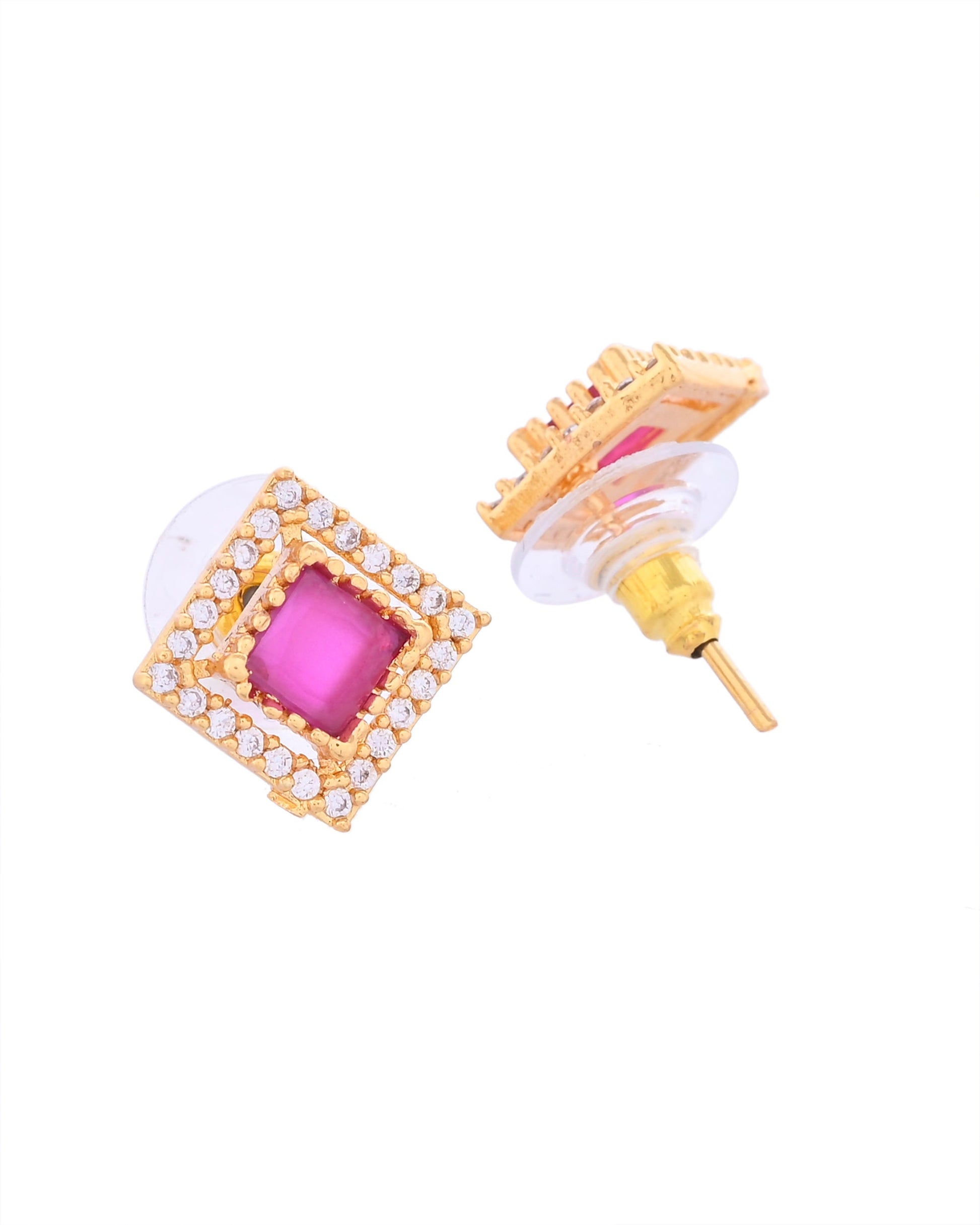 VOJ Gold-Polished Square Shaped Ruby Red Stone Studded Chain Set VOJ (Valley Of Jewellery)