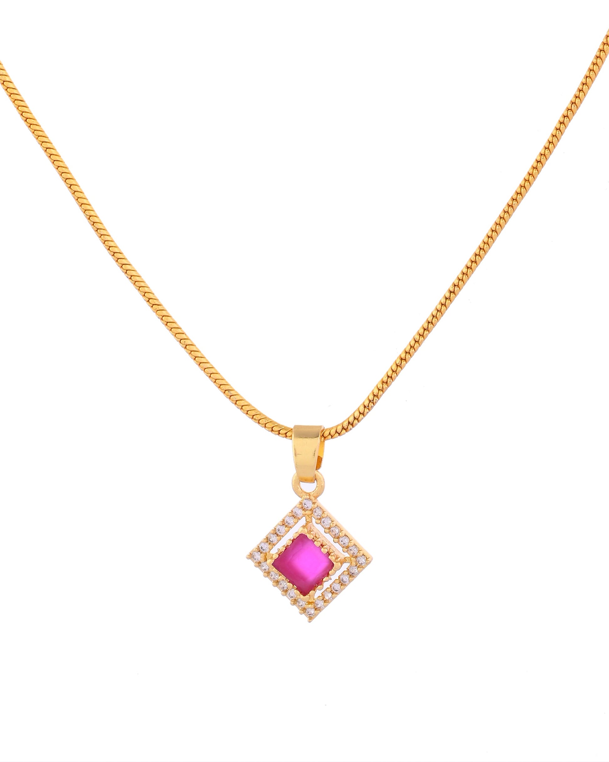 VOJ Gold-Polished Square Shaped Ruby Red Stone Studded Chain Set VOJ (Valley Of Jewellery)