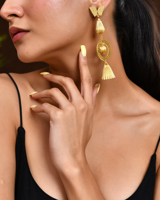 VOJ Gold Polished Designer Anti Tarnish Big Drop Earrings