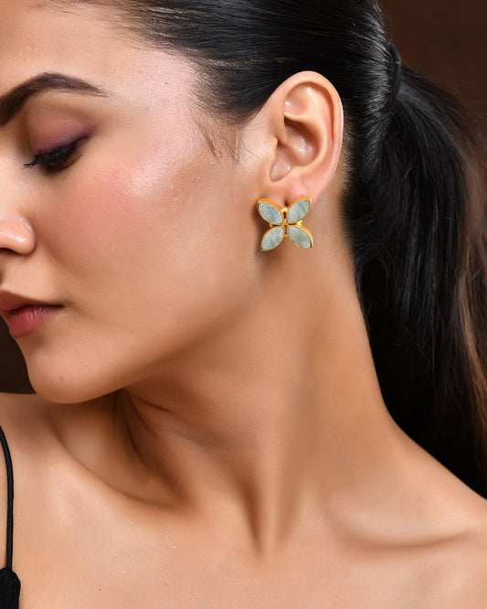 VOJ Gold Polished Teal Stone Studded Floral Stud Earrings