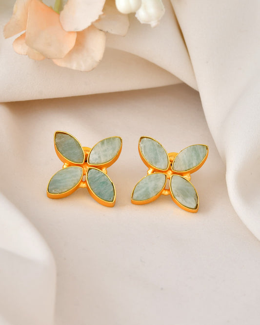 VOJ Gold Polished Teal Stone Studded Floral Stud Earrings