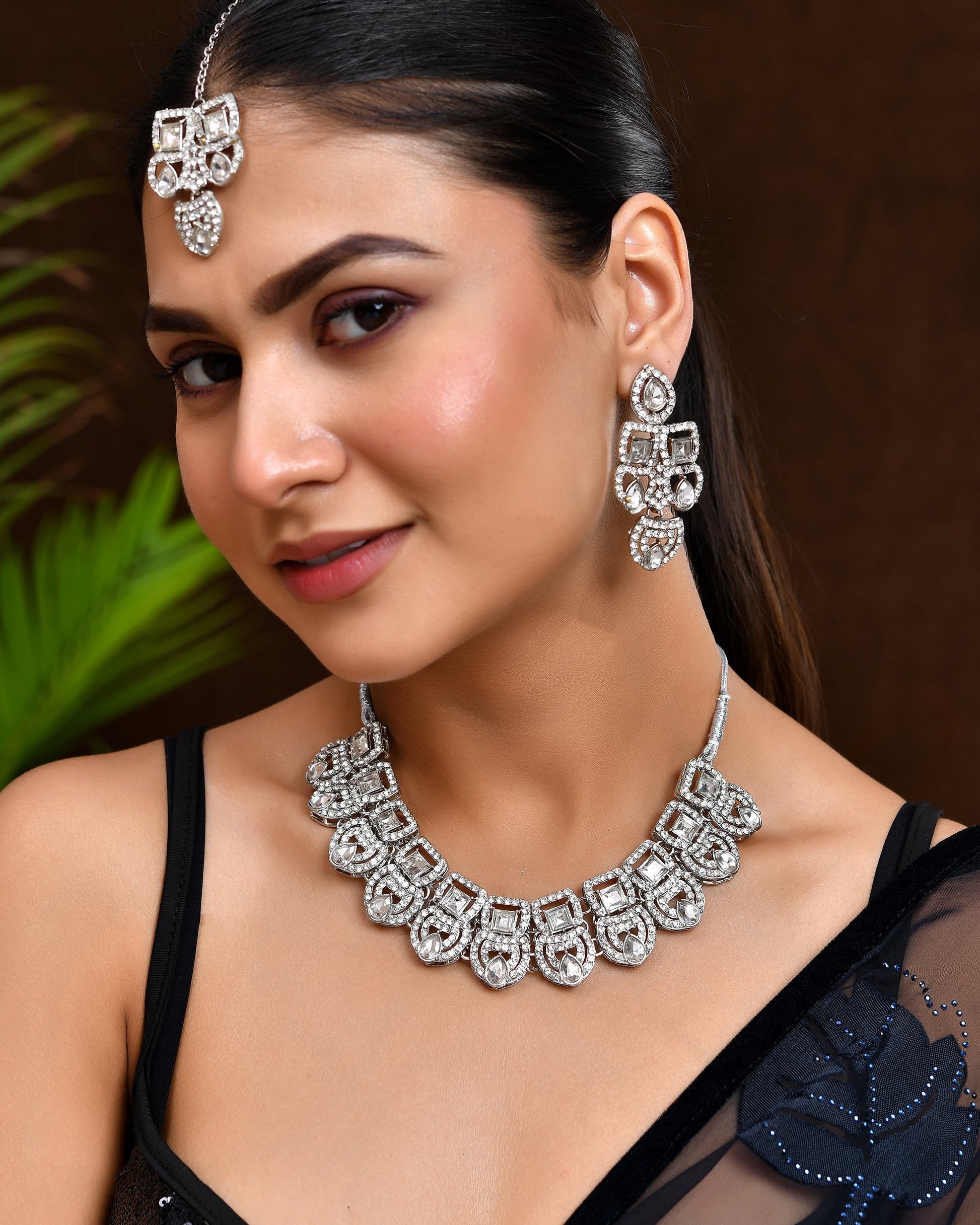 VOJ Silver - Plated American Diamond Studded Jewellery Set VOJ (Valley Of Jewellery)