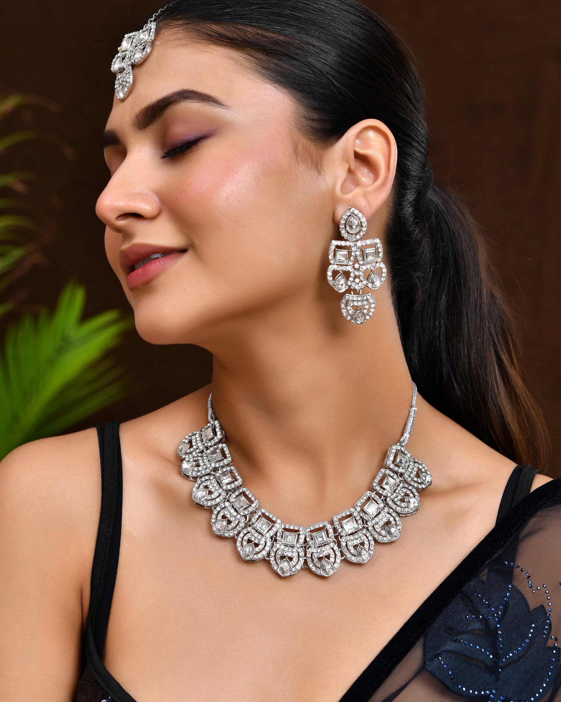 VOJ Silver - Plated American Diamond Studded Jewellery Set VOJ (Valley Of Jewellery)