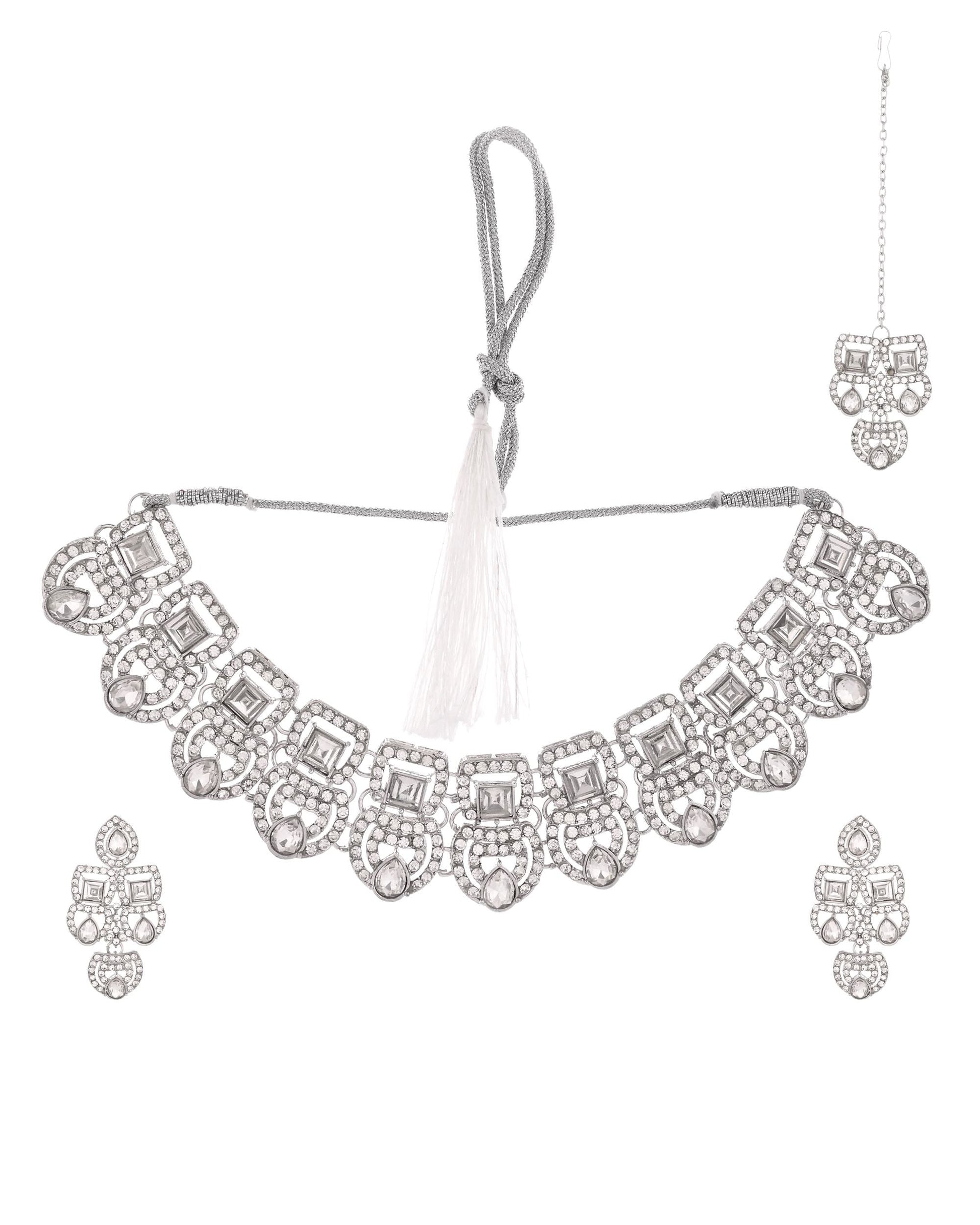 VOJ Silver - Plated American Diamond Studded Jewellery Set VOJ (Valley Of Jewellery)