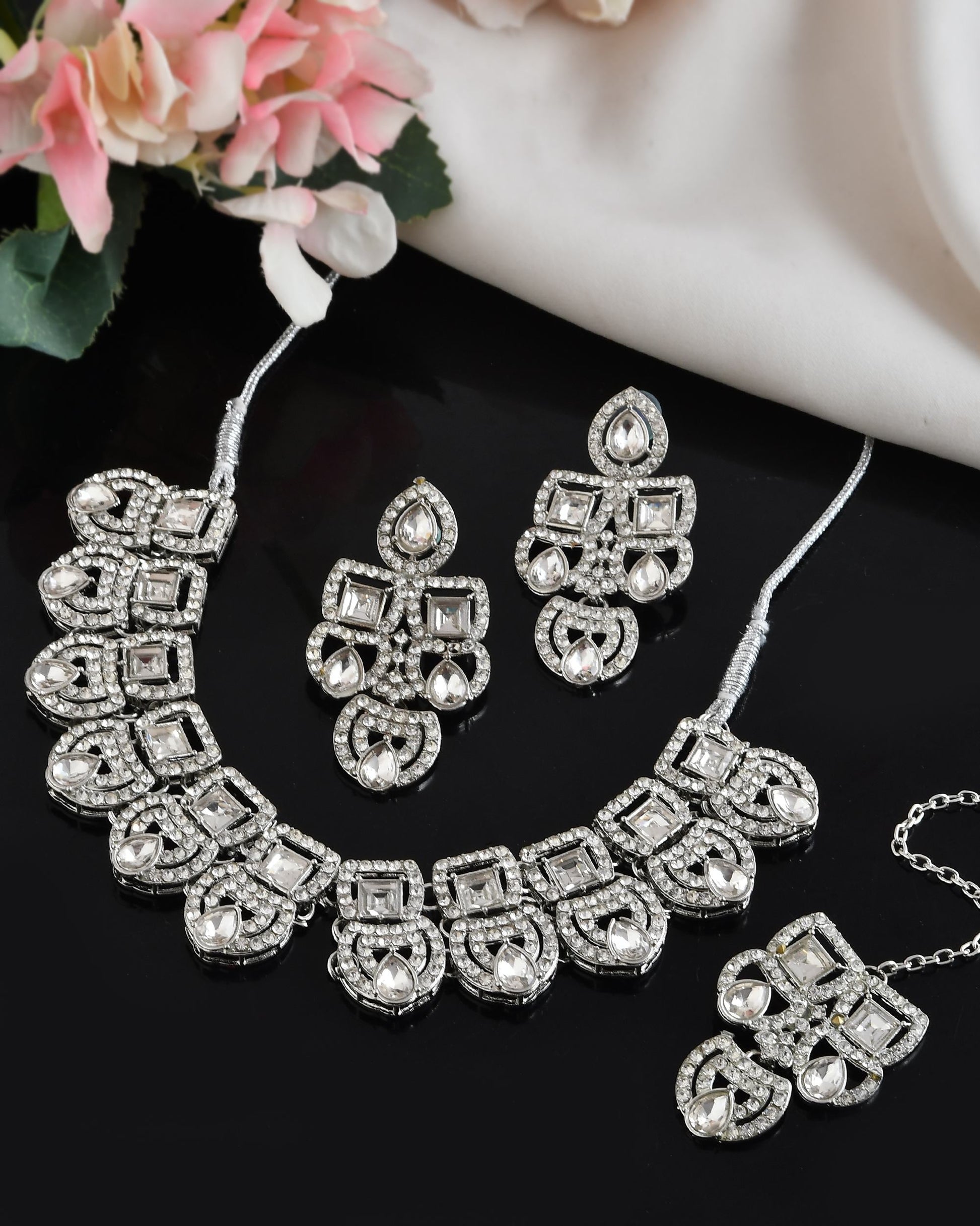 VOJ Silver - Plated American Diamond Studded Jewellery Set VOJ (Valley Of Jewellery)