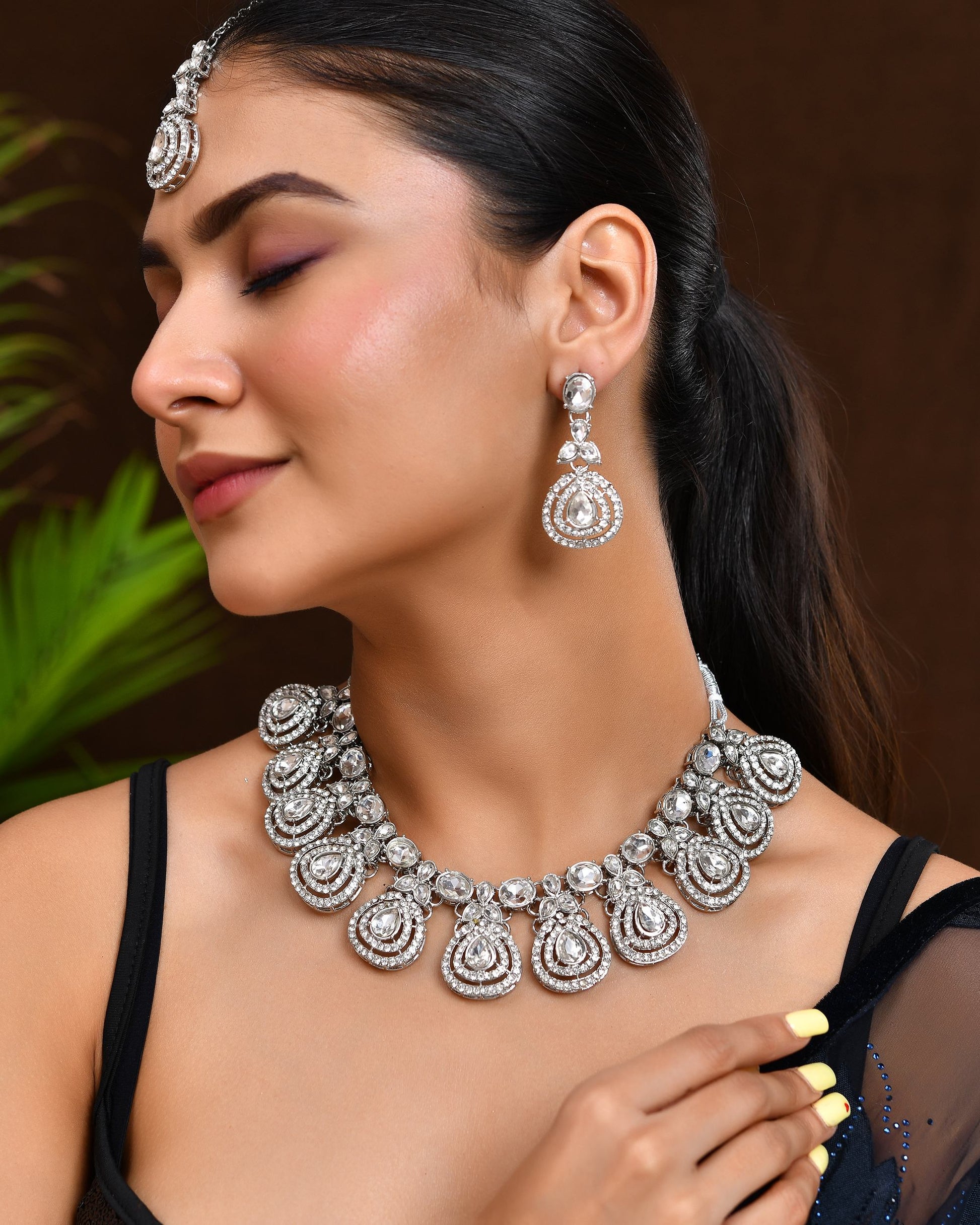 VOJ Silver-Plated CZ Studded Jewellery Set With Maang Tikka 