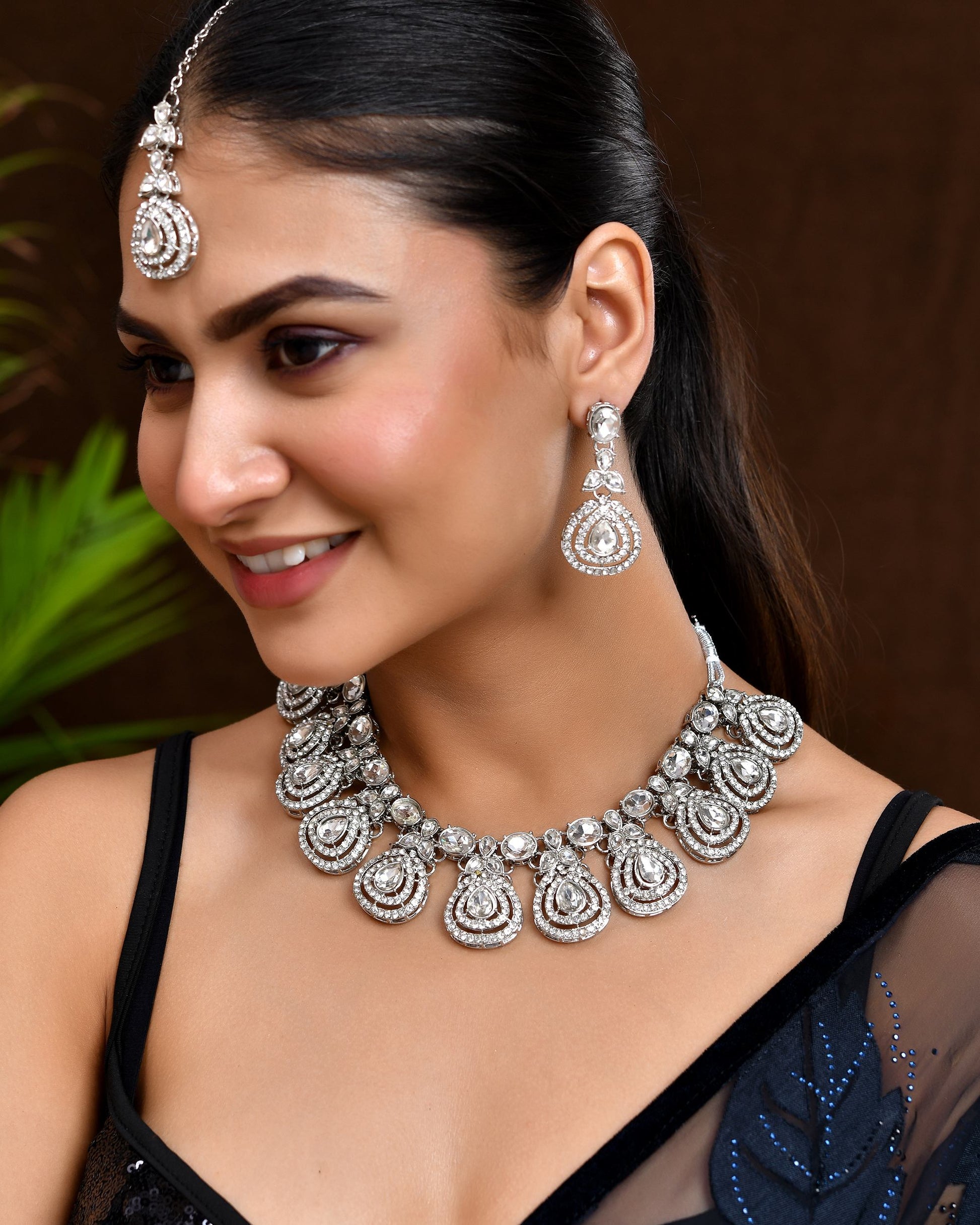 VOJ Silver-Plated CZ Studded Jewellery Set With Maang Tikka 