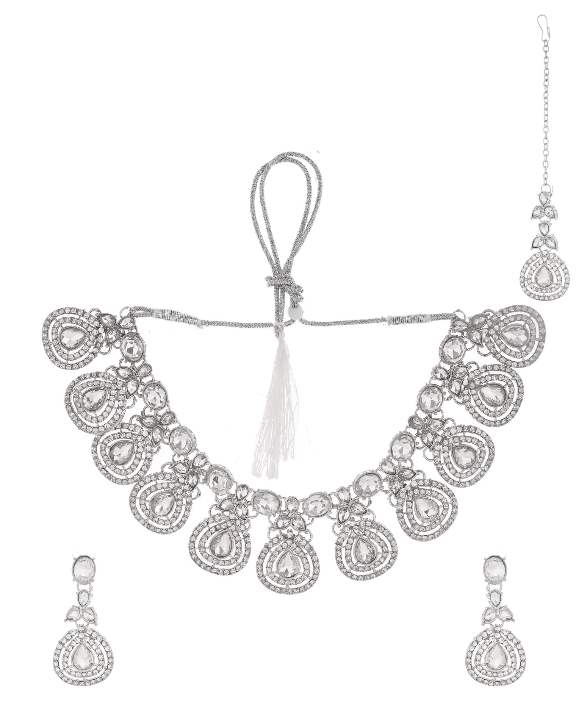 VOJ Silver-Plated CZ Studded Jewellery Set With Maang Tikka 