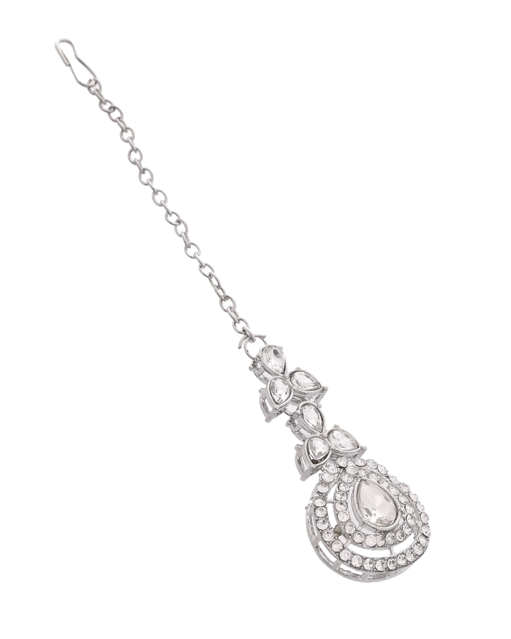 VOJ Silver-Plated CZ Studded Jewellery Set With Maang Tikka 