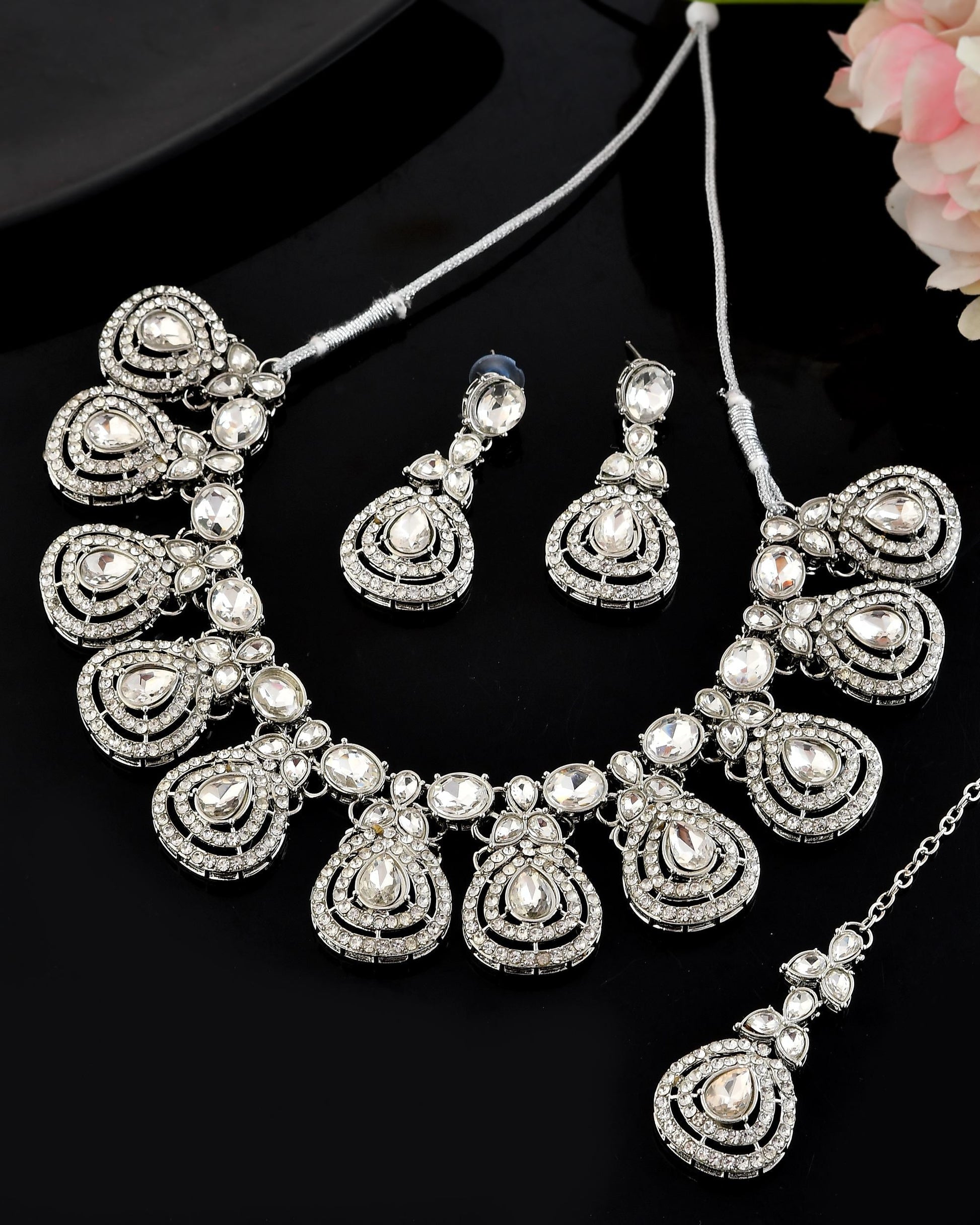 VOJ Silver-Plated CZ Studded Jewellery Set With Maang Tikka 