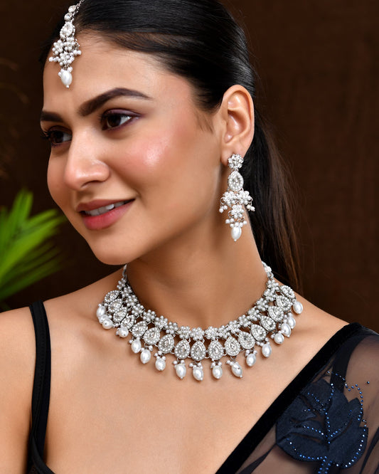 VOJ Silver-Plated CZ Stone And Pearl Necklace With Earrings And Maang Tikka Set VOJ (Valley Of Jewellery)