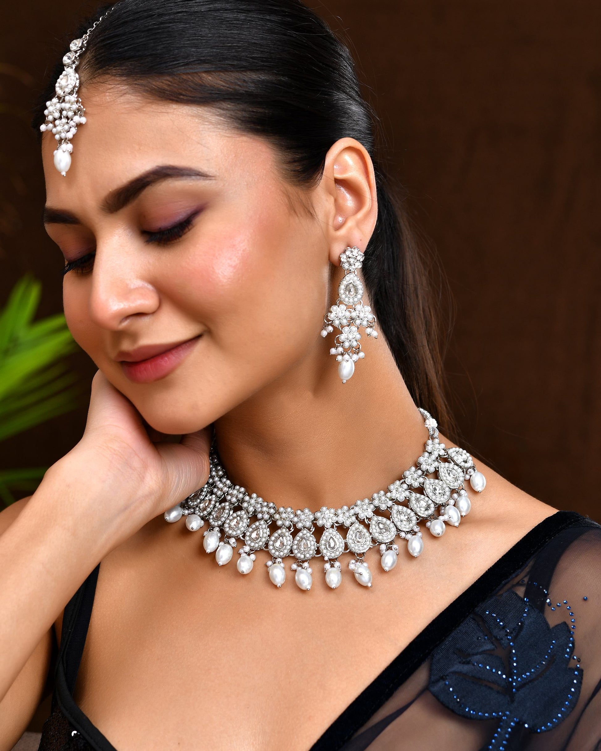 VOJ Silver-Plated CZ Stone And Pearl Necklace With Earrings And Maang Tikka Set VOJ (Valley Of Jewellery)