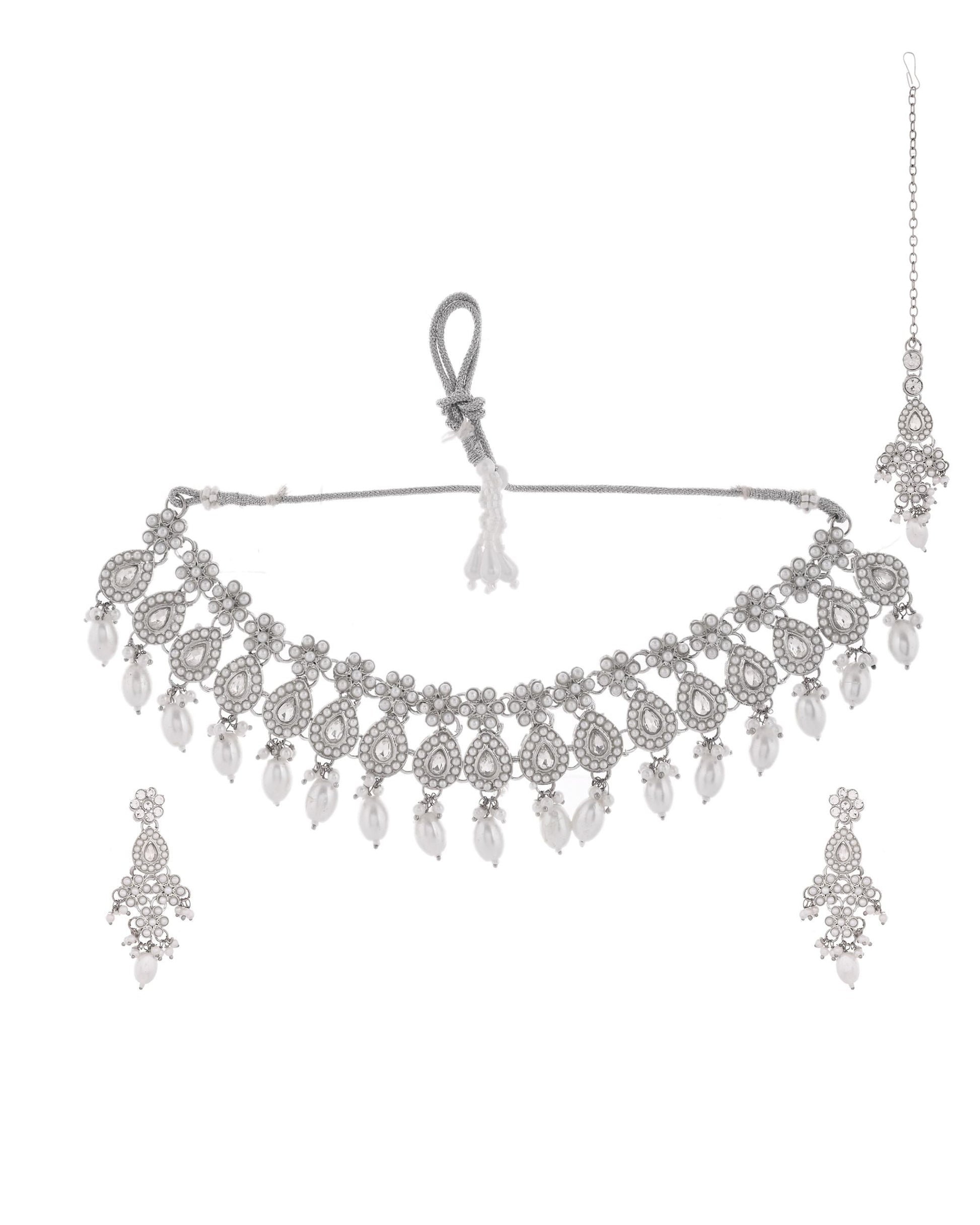 VOJ Silver-Plated CZ Stone And Pearl Necklace With Earrings And Maang Tikka Set VOJ (Valley Of Jewellery)