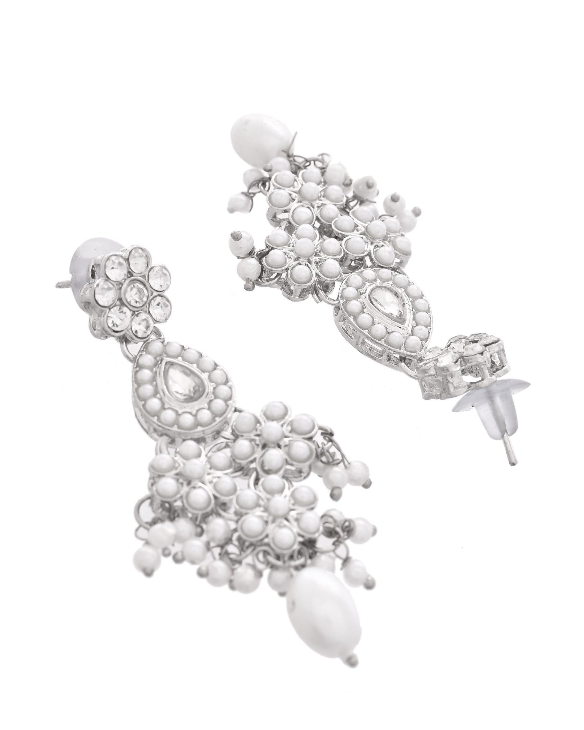 VOJ Silver-Plated CZ Stone And Pearl Necklace With Earrings And Maang Tikka Set VOJ (Valley Of Jewellery)