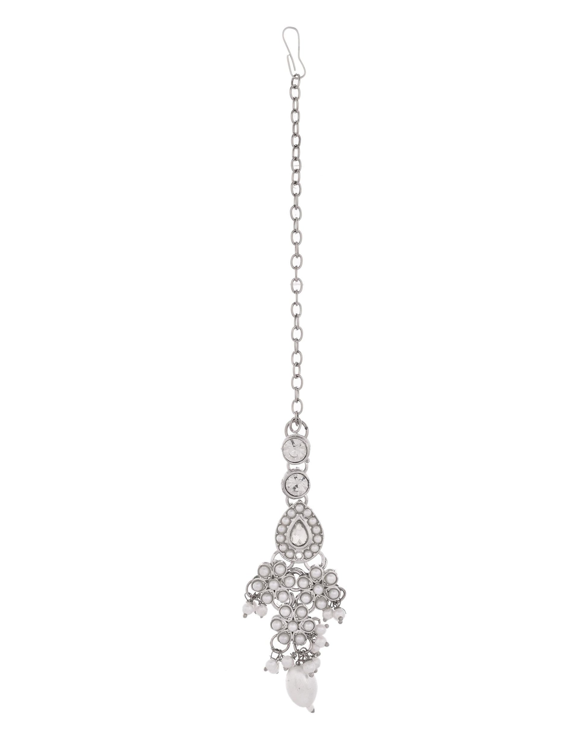 VOJ Silver-Plated CZ Stone And Pearl Necklace With Earrings And Maang Tikka Set VOJ (Valley Of Jewellery)