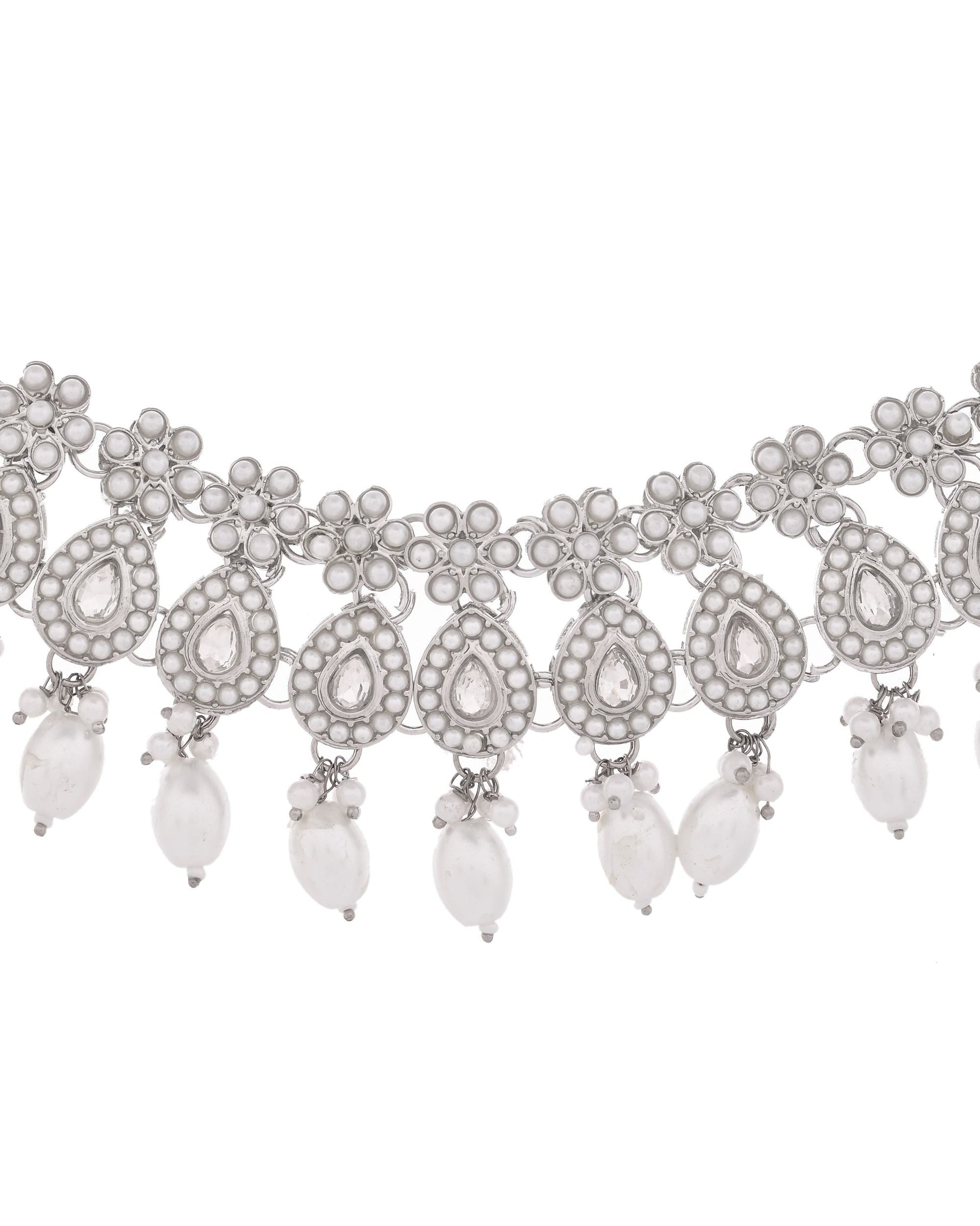 VOJ Silver-Plated CZ Stone And Pearl Necklace With Earrings And Maang Tikka Set VOJ (Valley Of Jewellery)