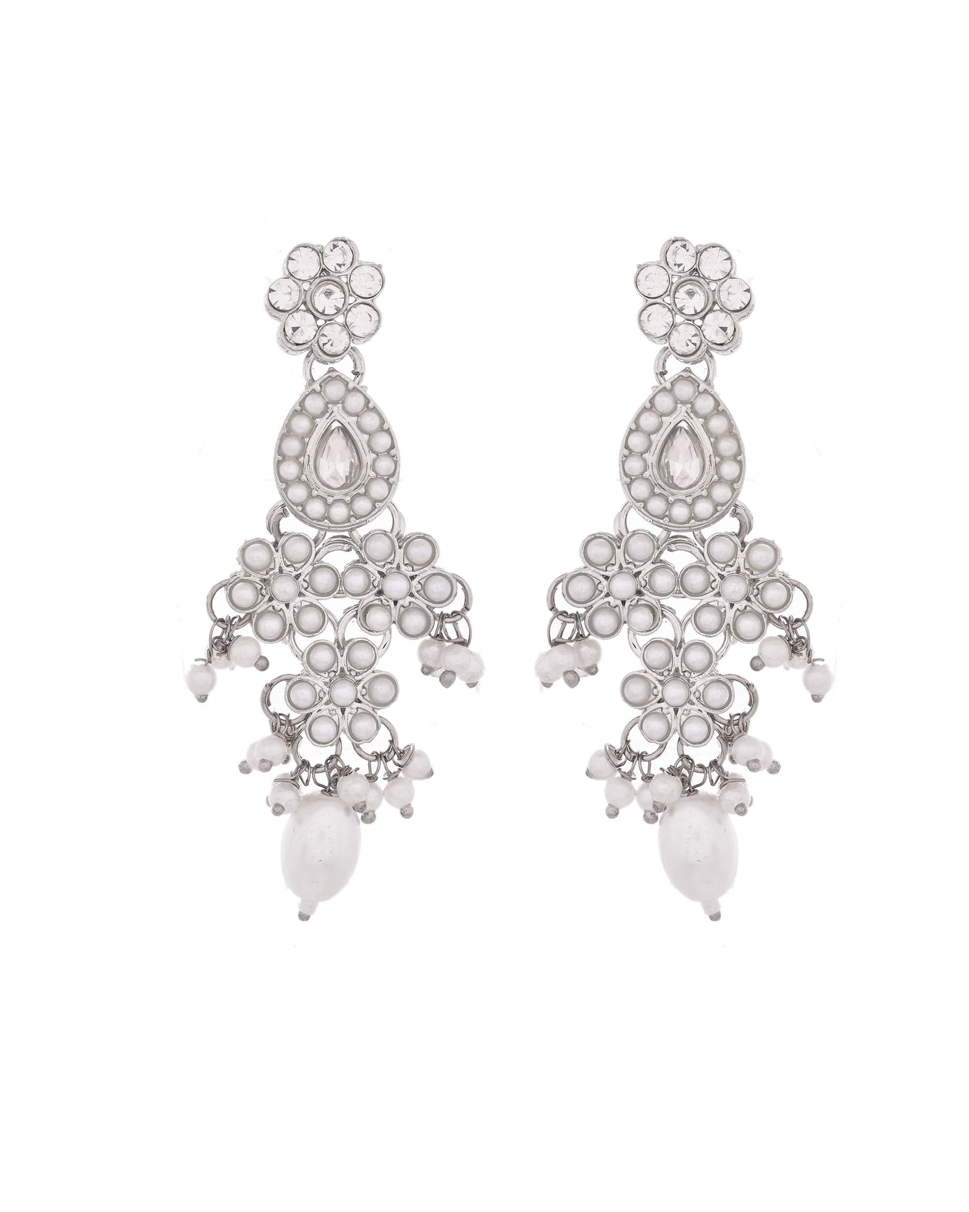 VOJ Silver-Plated CZ Stone And Pearl Necklace With Earrings And Maang Tikka Set VOJ (Valley Of Jewellery)