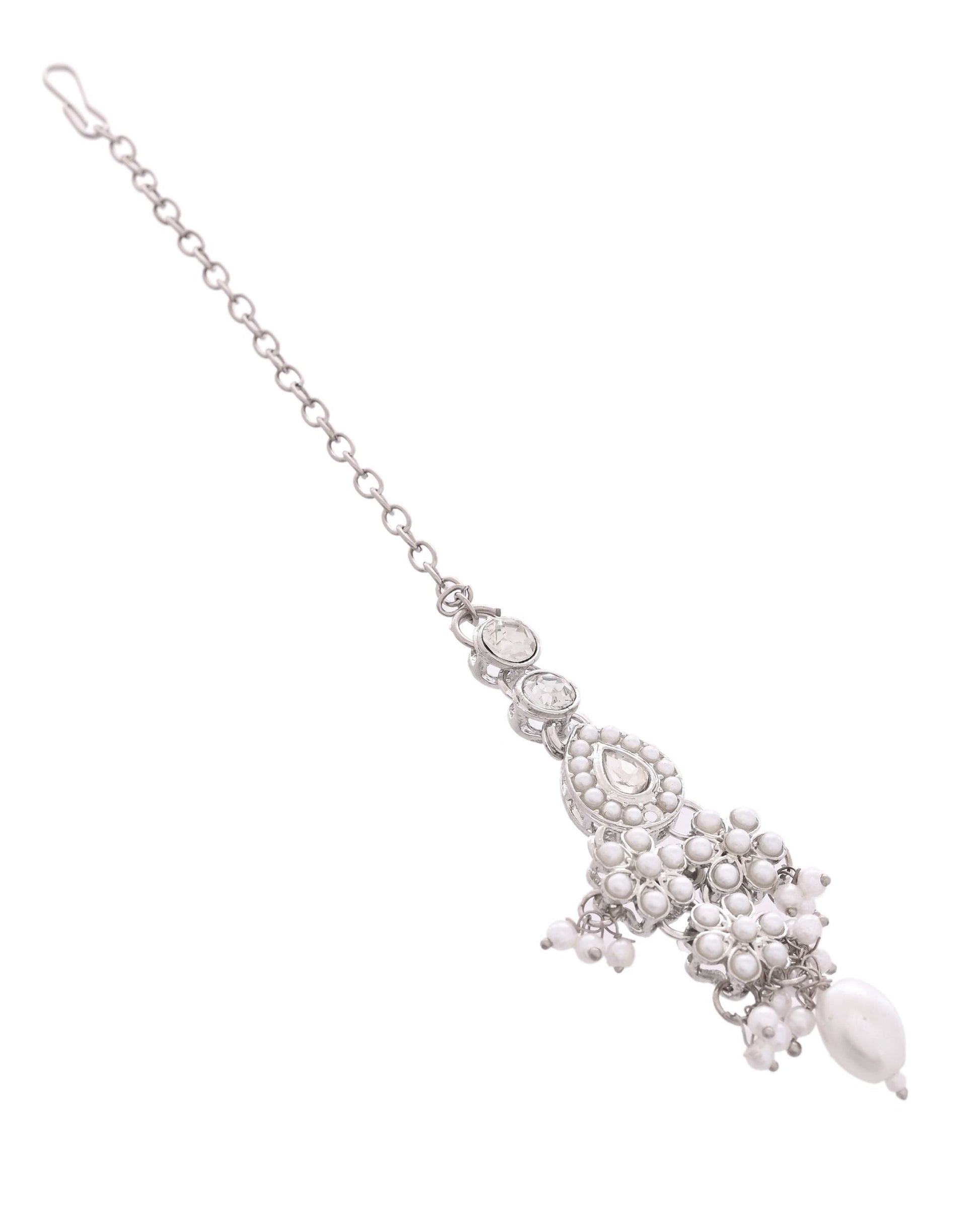 VOJ Silver-Plated CZ Stone And Pearl Necklace With Earrings And Maang Tikka Set VOJ (Valley Of Jewellery)