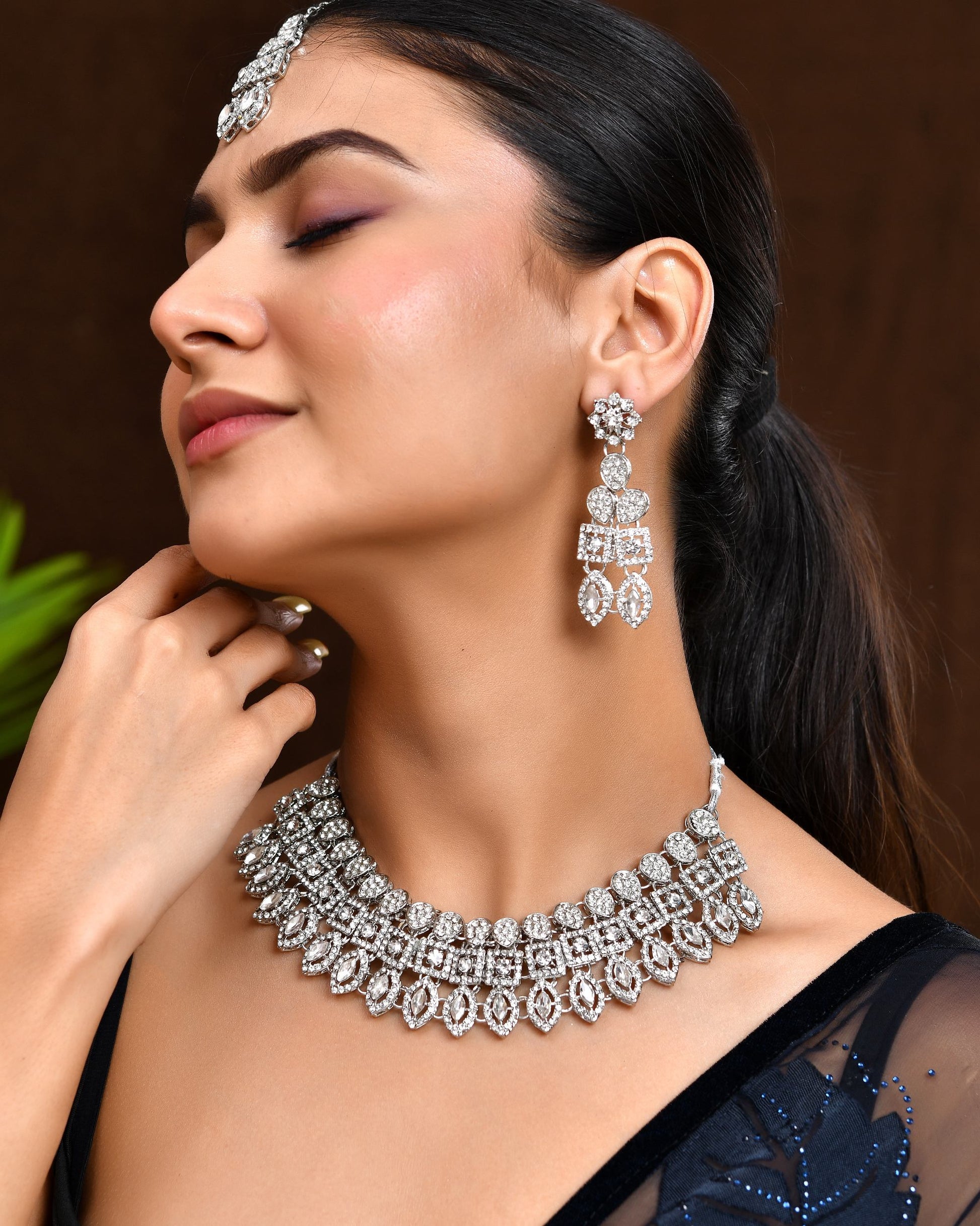 VOJ Silver-Plated AD Stone Studded Necklace With Earrings And Maang Tikka Set VOJ (Valley Of Jewellery)