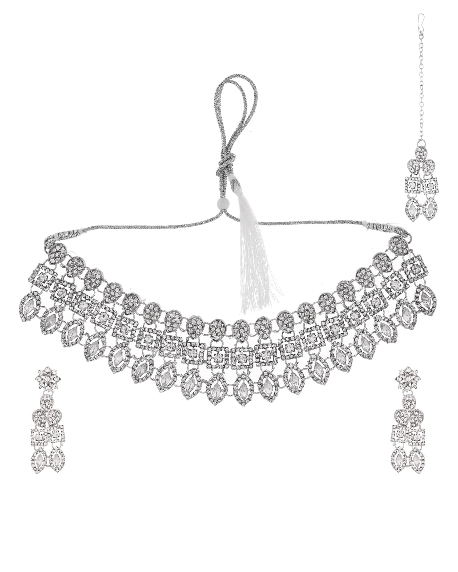 VOJ Silver-Plated AD Stone Studded Necklace With Earrings And Maang Tikka Set VOJ (Valley Of Jewellery)