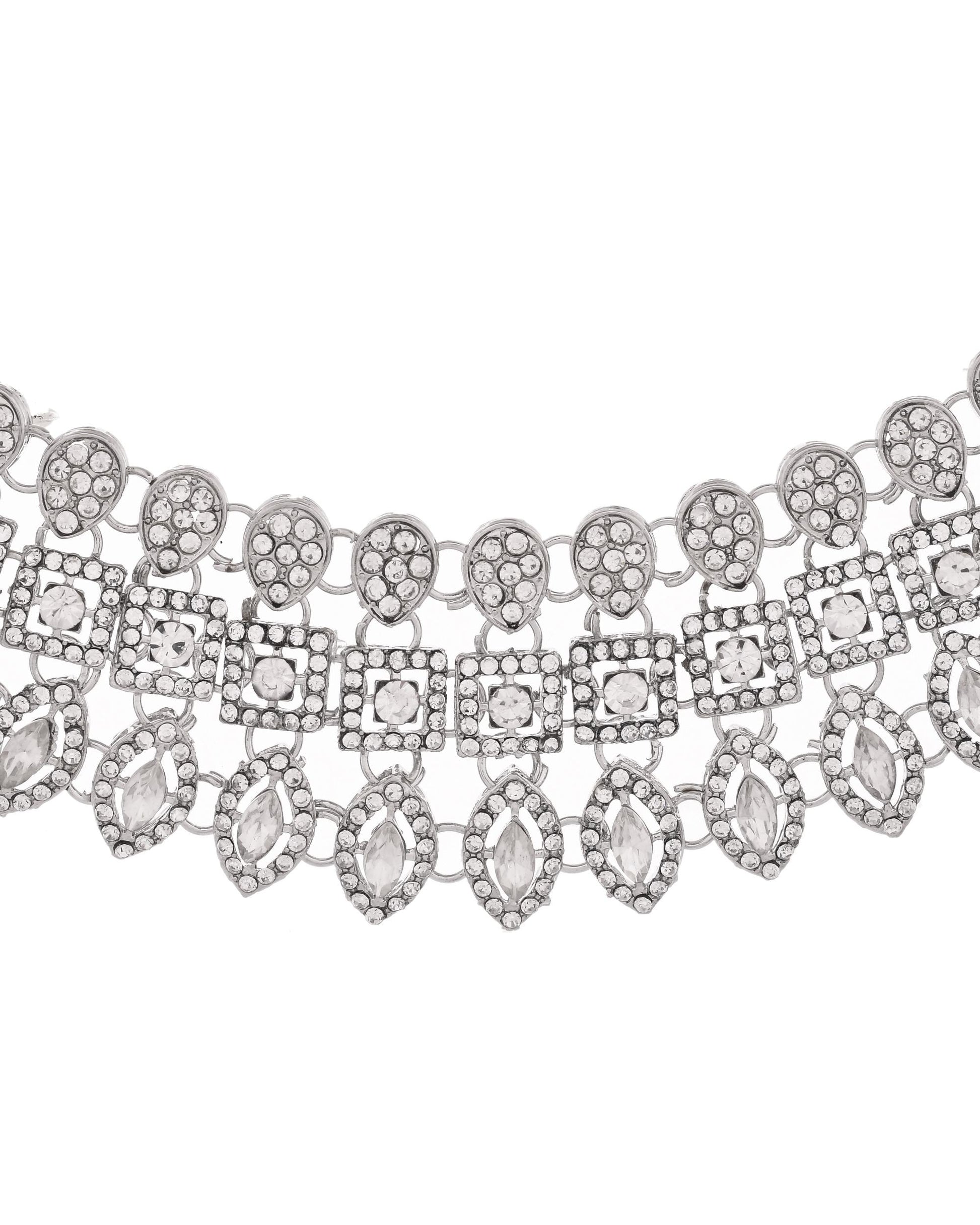 VOJ Silver-Plated AD Stone Studded Necklace With Earrings And Maang Tikka Set