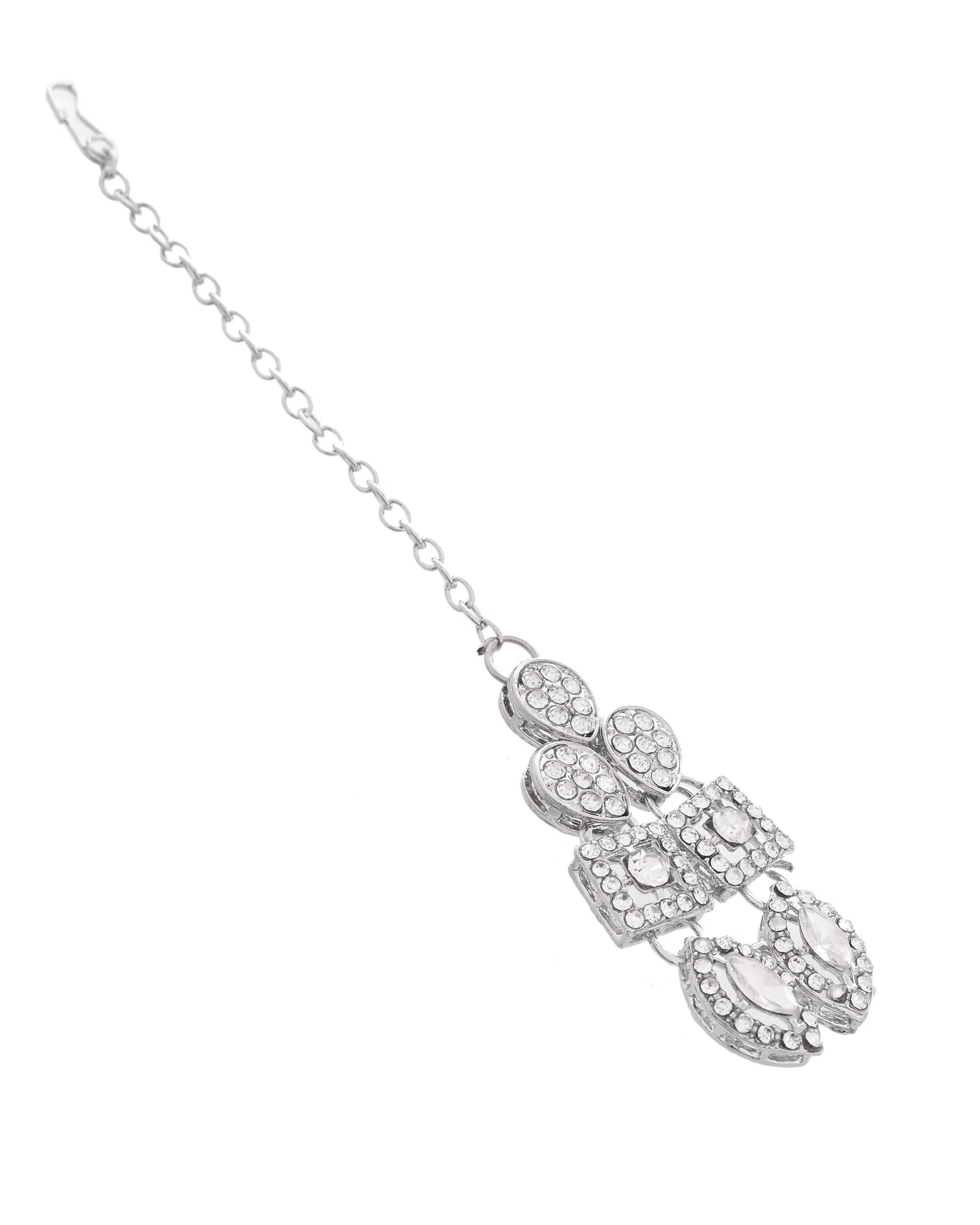 VOJ Silver-Plated AD Stone Studded Necklace With Earrings And Maang Tikka Set VOJ (Valley Of Jewellery)