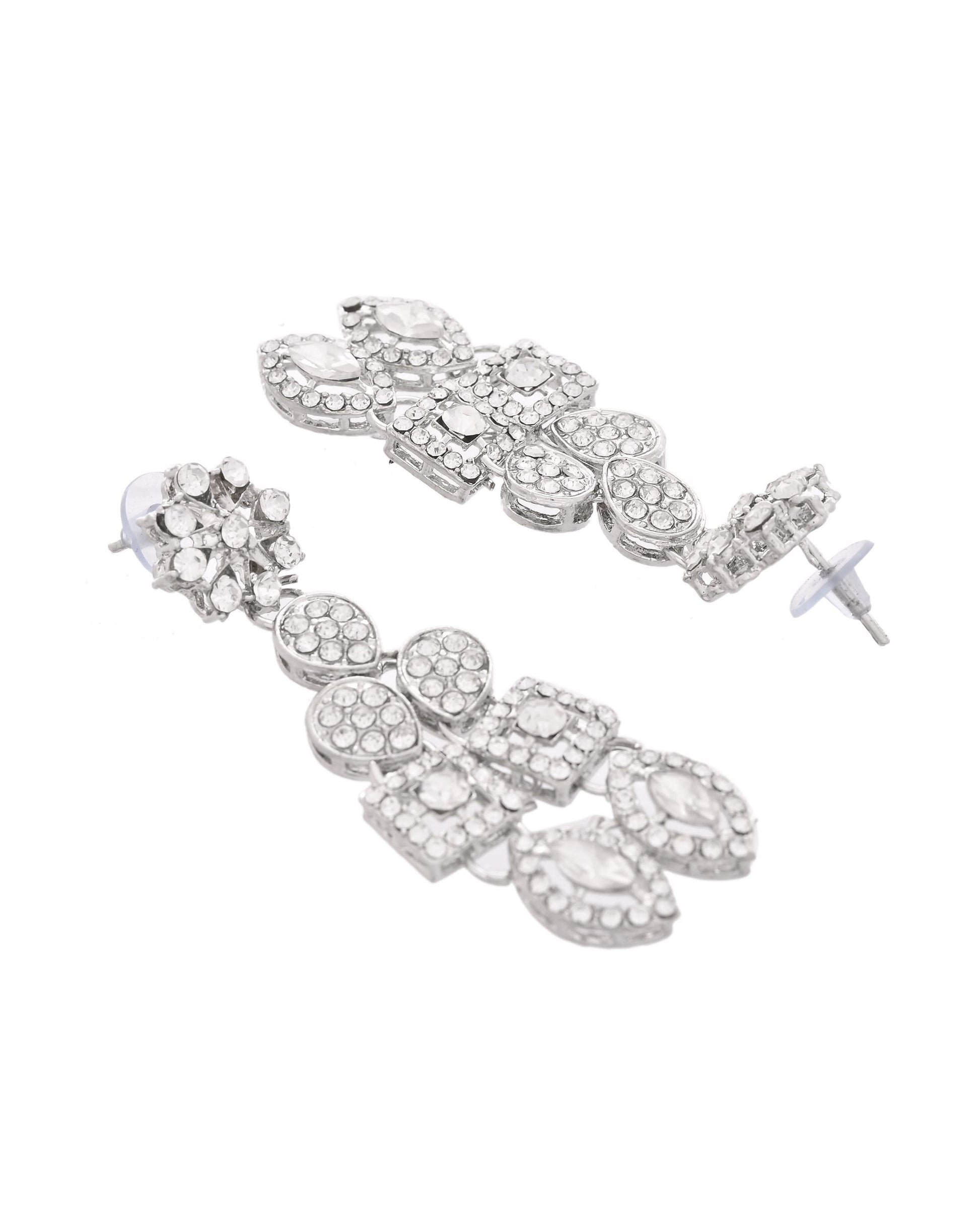 VOJ Silver-Plated AD Stone Studded Necklace With Earrings And Maang Tikka Set VOJ (Valley Of Jewellery)