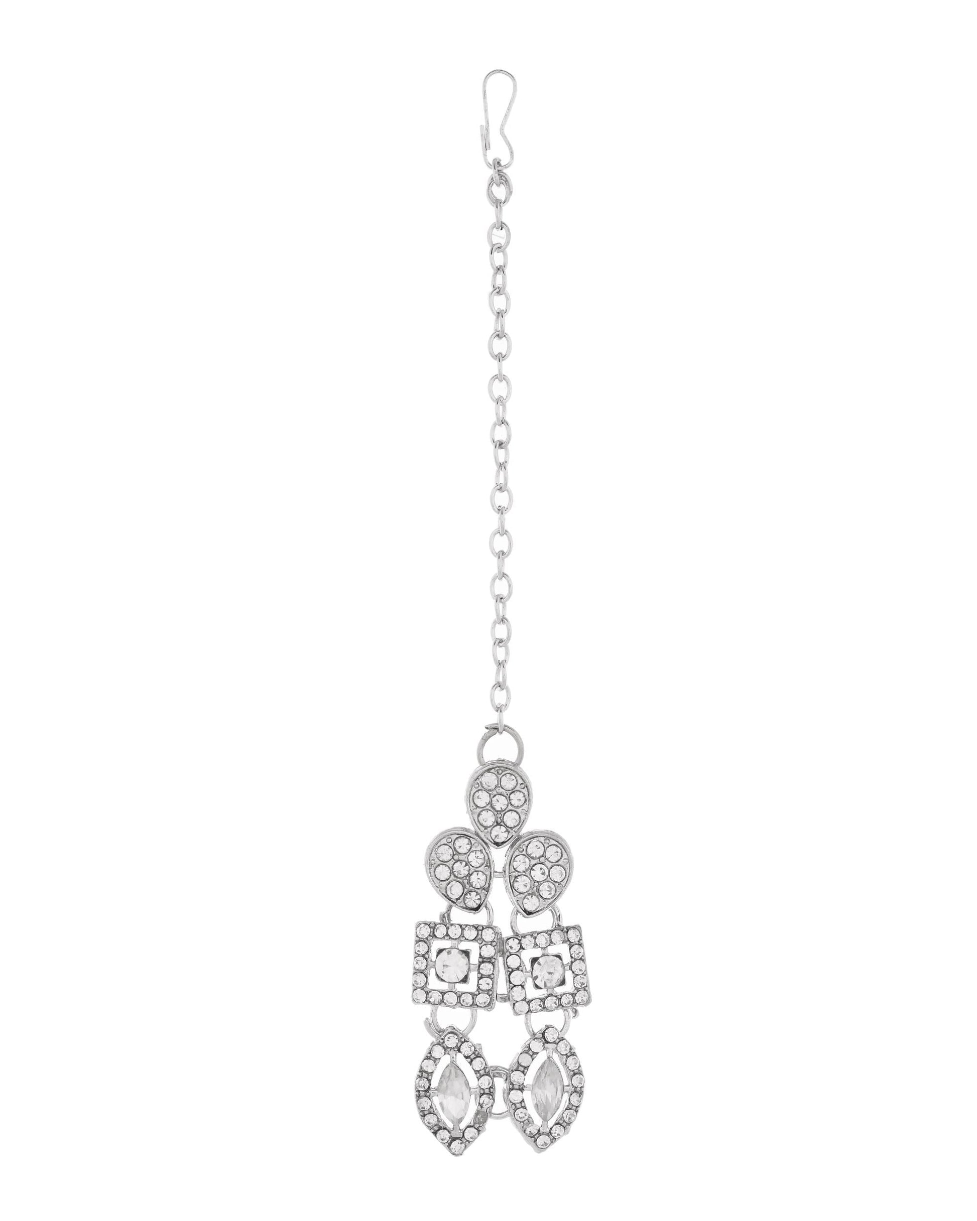 VOJ Silver-Plated AD Stone Studded Necklace With Earrings And Maang Tikka Set VOJ (Valley Of Jewellery)