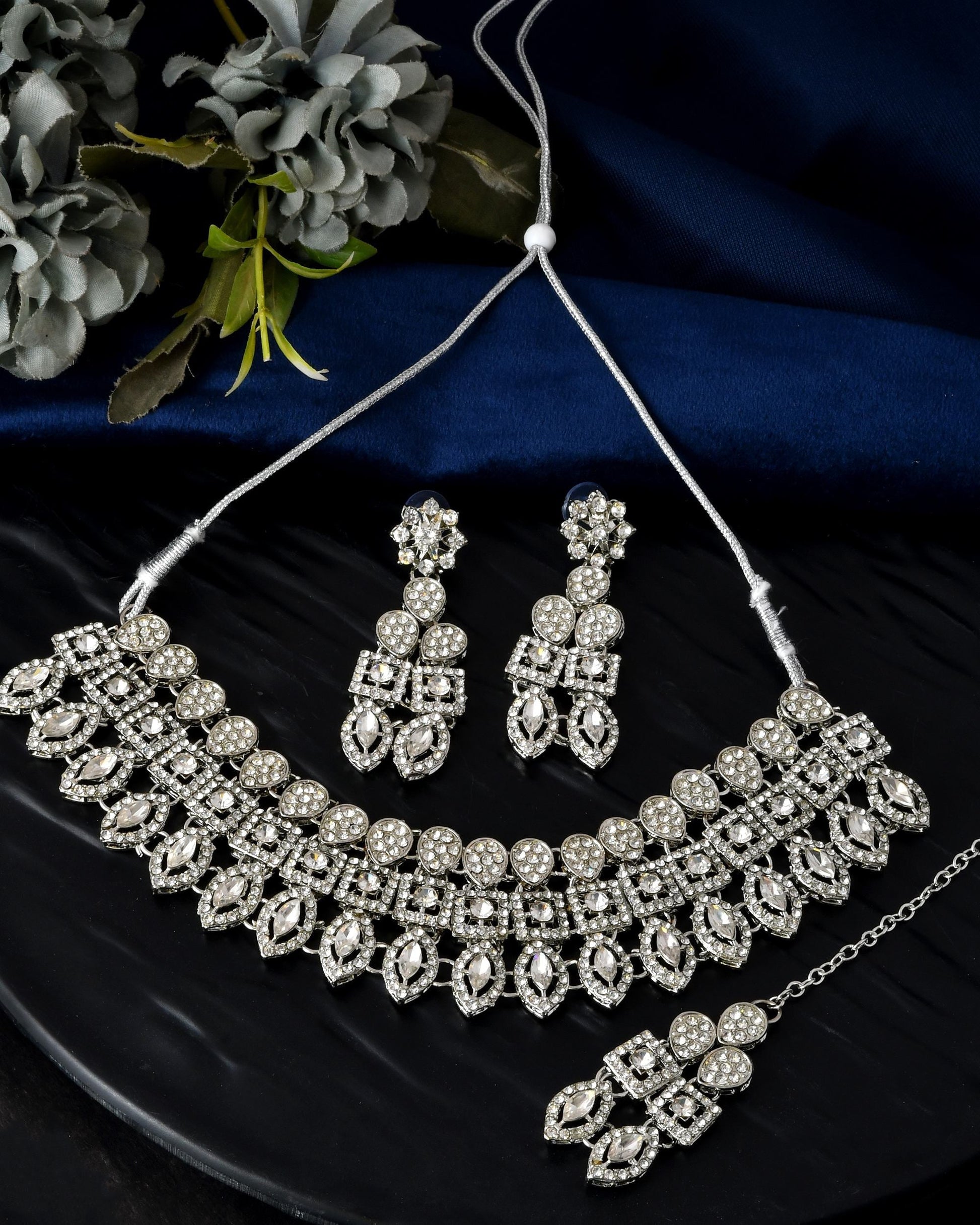 VOJ Silver-Plated AD Stone Studded Necklace With Earrings And Maang Tikka Set VOJ (Valley Of Jewellery)