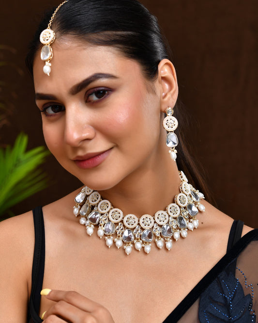 VOJ Gold Polished Artificial Beads And Stone Studded Necklace Set With Maang Tikka VOJ (Valley Of Jewellery)