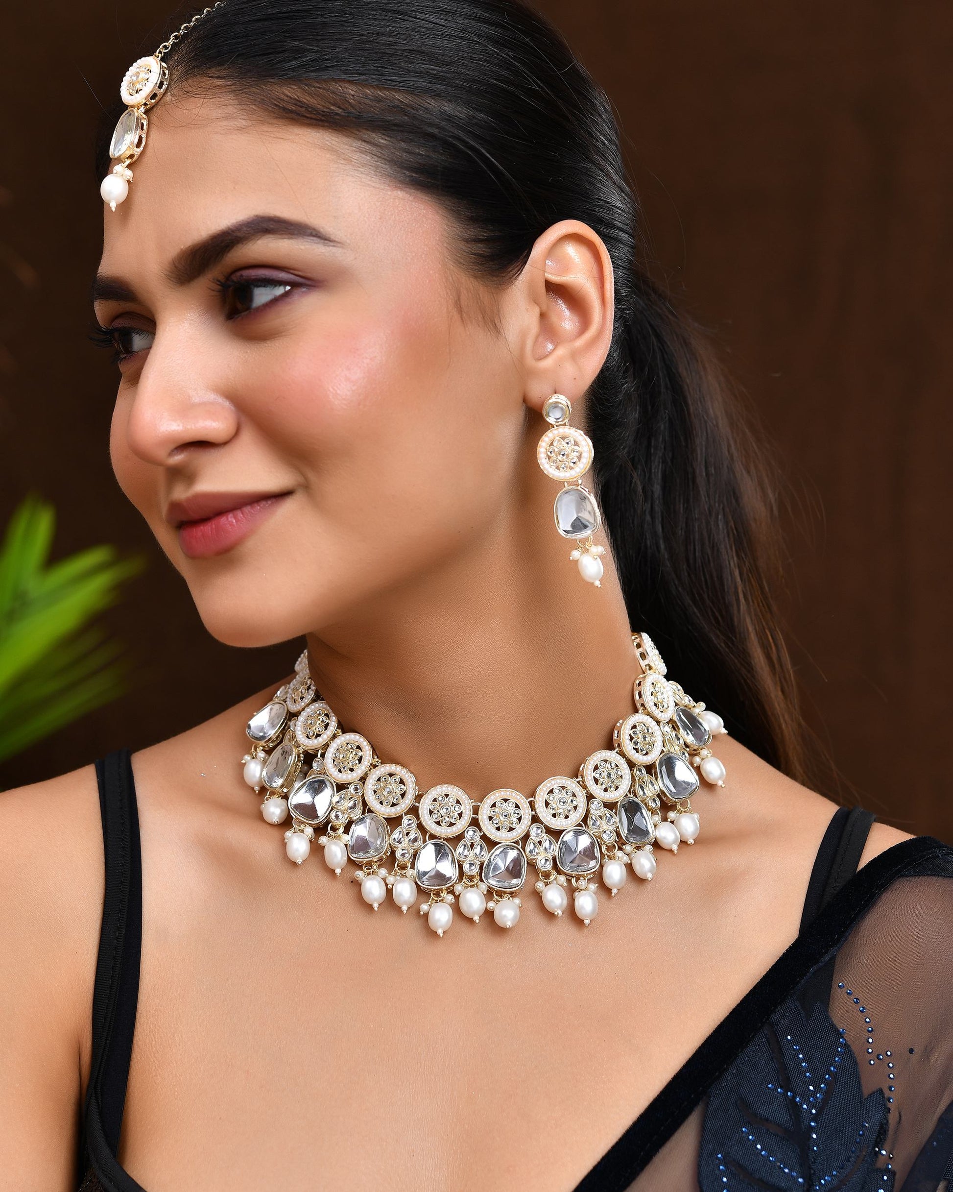 VOJ Gold Polished Artificial Beads And Stone Studded Necklace Set With Maang Tikka VOJ (Valley Of Jewellery)