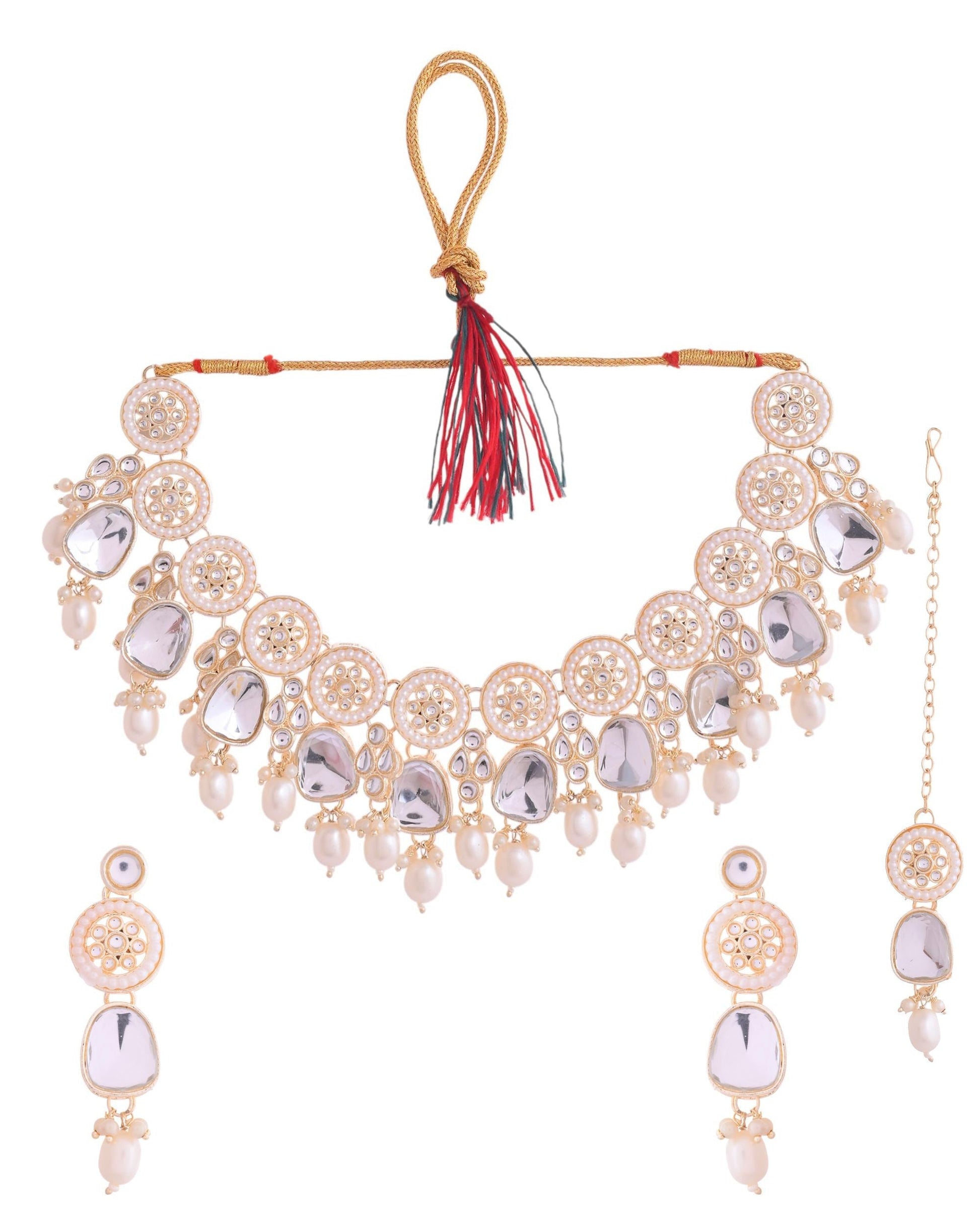 VOJ Gold Polished Artificial Beads And Stone Studded Necklace Set With Maang Tikka VOJ (Valley Of Jewellery)