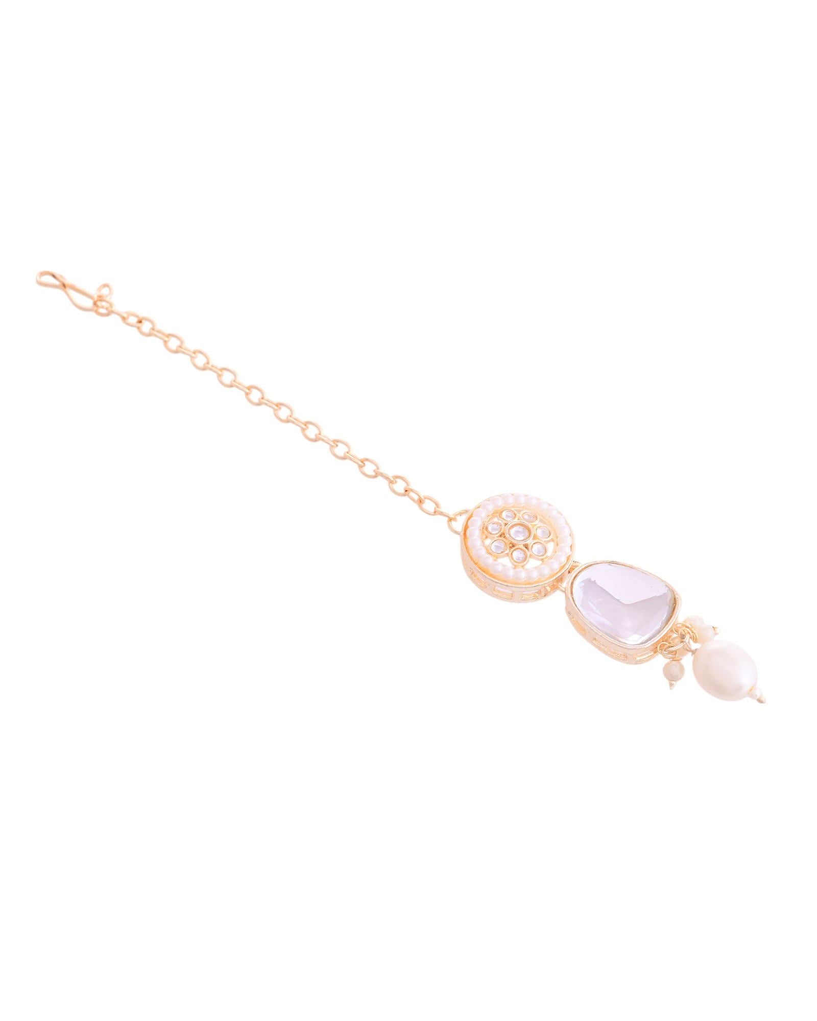 VOJ Gold Polished Artificial Beads And Stone Studded Necklace Set With Maang Tikka VOJ (Valley Of Jewellery)