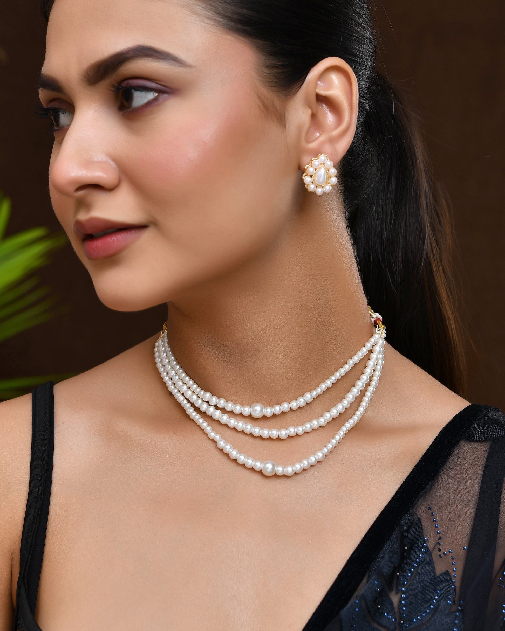 VOJ Gold Polished Artifical Pearl Mutli Layer Necklace And Earrings Set VOJ (Valley Of Jewellery)